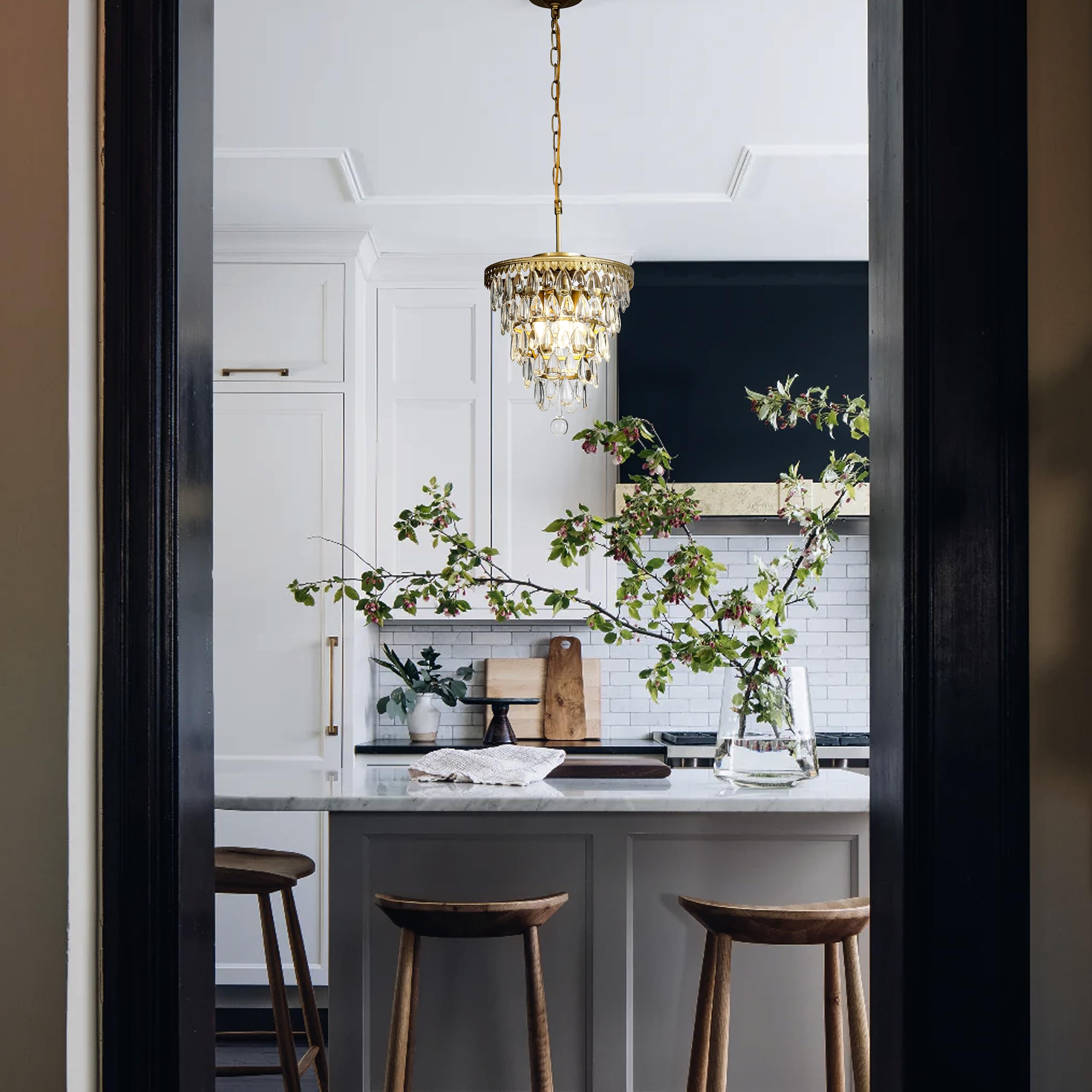 3-Light Modern Gold 5-Tiered Tear Drop Crystal Chandelier - Antique Brass Finish with Raindrop Crystals - 12 Inch Wide - Perfect for Living Room, Dining Room, Bathroom & Bedroom Lighting