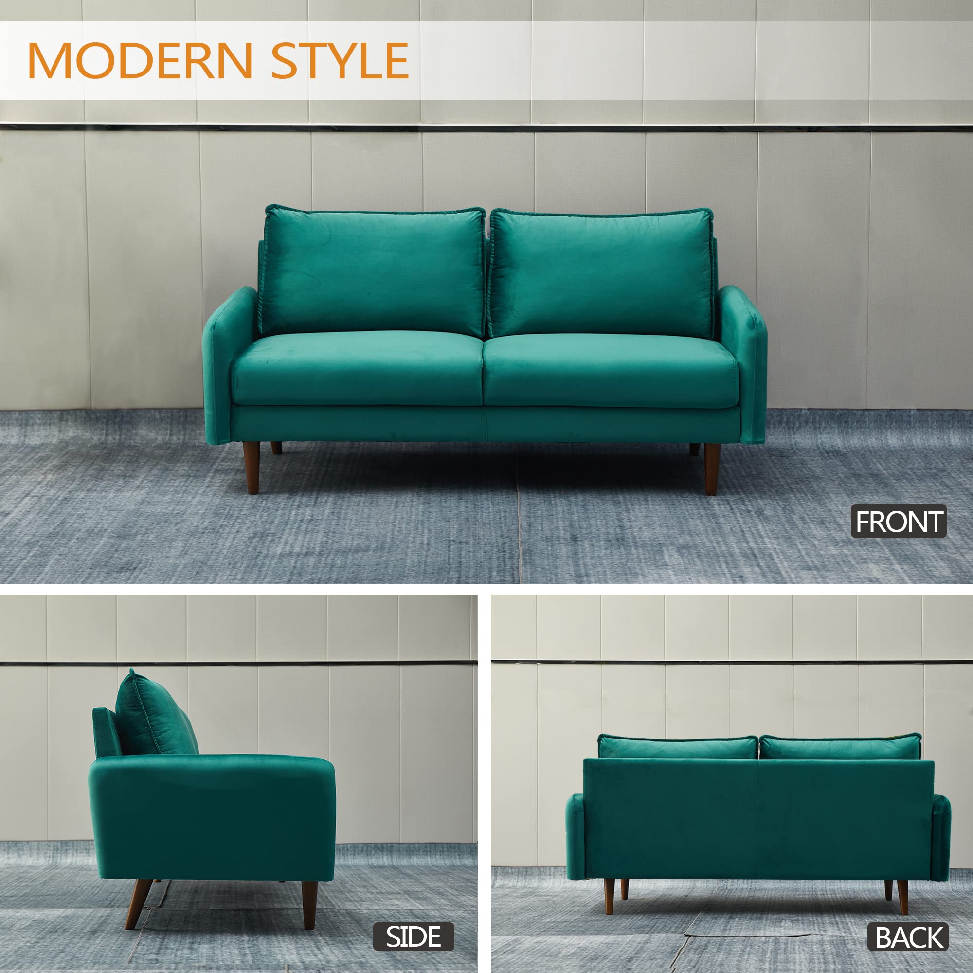 Mid-Century Modern Velvet Sofa with Wooden Legs - Green Upholstered Couch for Living Room, Lounge & Home Decor - Cozy & Stylish Seating for Relaxing & Entertaining