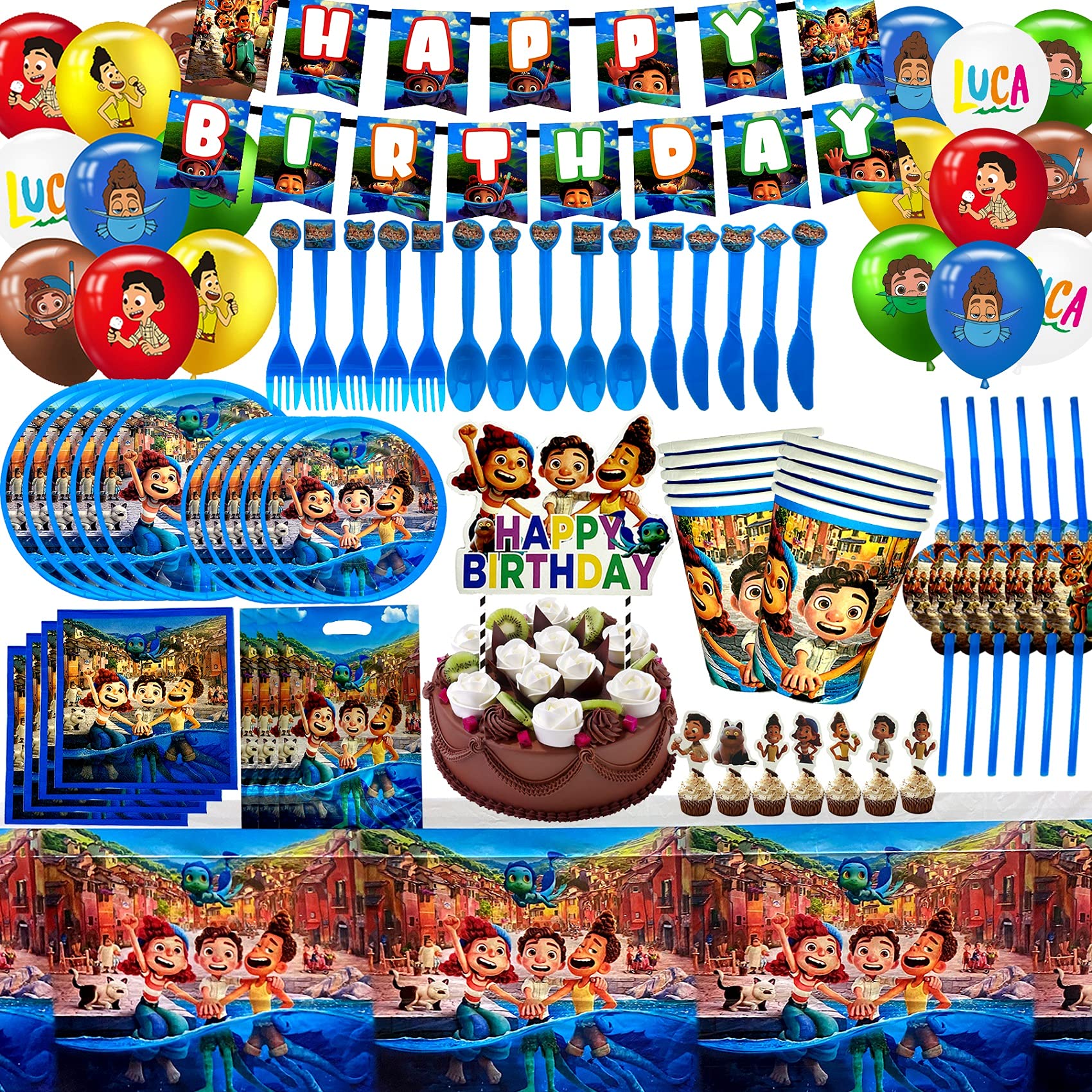 LUCA Birthday Party Supplies Kit - 50-Piece Party Decorations Set with Banner, Tablecloth, Plates, Cups, Cutlery & Balloons for Kids Birthday Party | Perfect for Luca Themed Birthday, Baby Shower & Celebration Decor