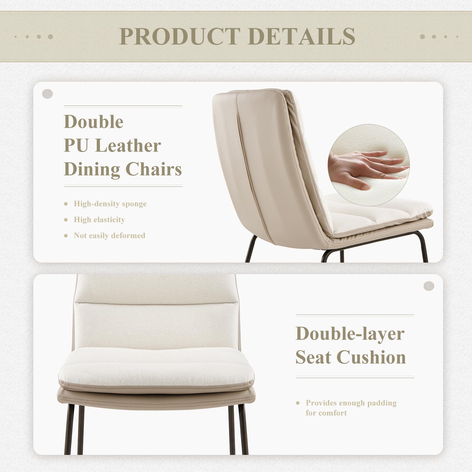 Modern Upholstered Dining Chairs Set of 2 - PU Leather & Fabric Kitchen Side Chairs with Sturdy Metal Legs, Cream - Perfect for Home Dining Room, Breakfast Nook & Small Space Decor