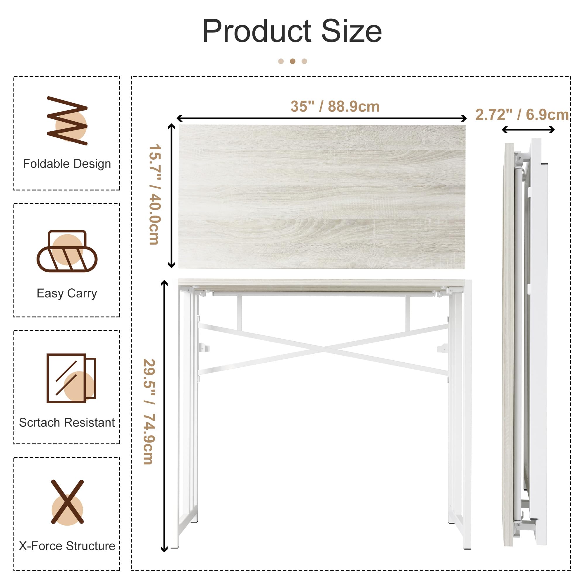 EMODA 35 Inch Folding Computer Desk - No Assembly Needed Home Office Desk, Portable Slim Study Writing Gaming Table (Beige) - Perfect for Small Spaces, Dorm Rooms & Work From Home Setup