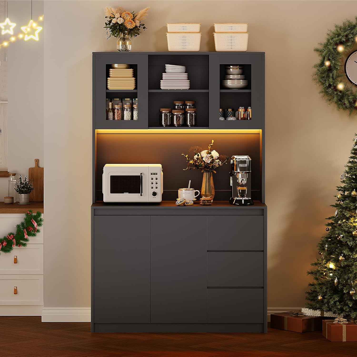 Modern Black Kitchen Pantry Cabinet with LED Lights & Charging Station - Tall Storage Hutch with Microwave Stand, Buffet Cabinet & Countertop - Perfect for Small Kitchens, Dining Room Storage & Home Organization