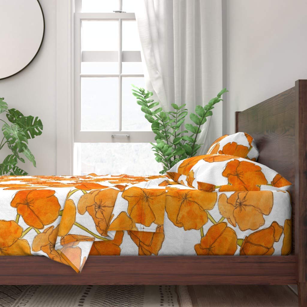 Spoonflower 100% Cotton Twin Size 3-Piece Sheet Set - Large Scale Orange Poppy Floral Watercolor Print Bedding for Comfortable Sleep & Stylish Home Decor