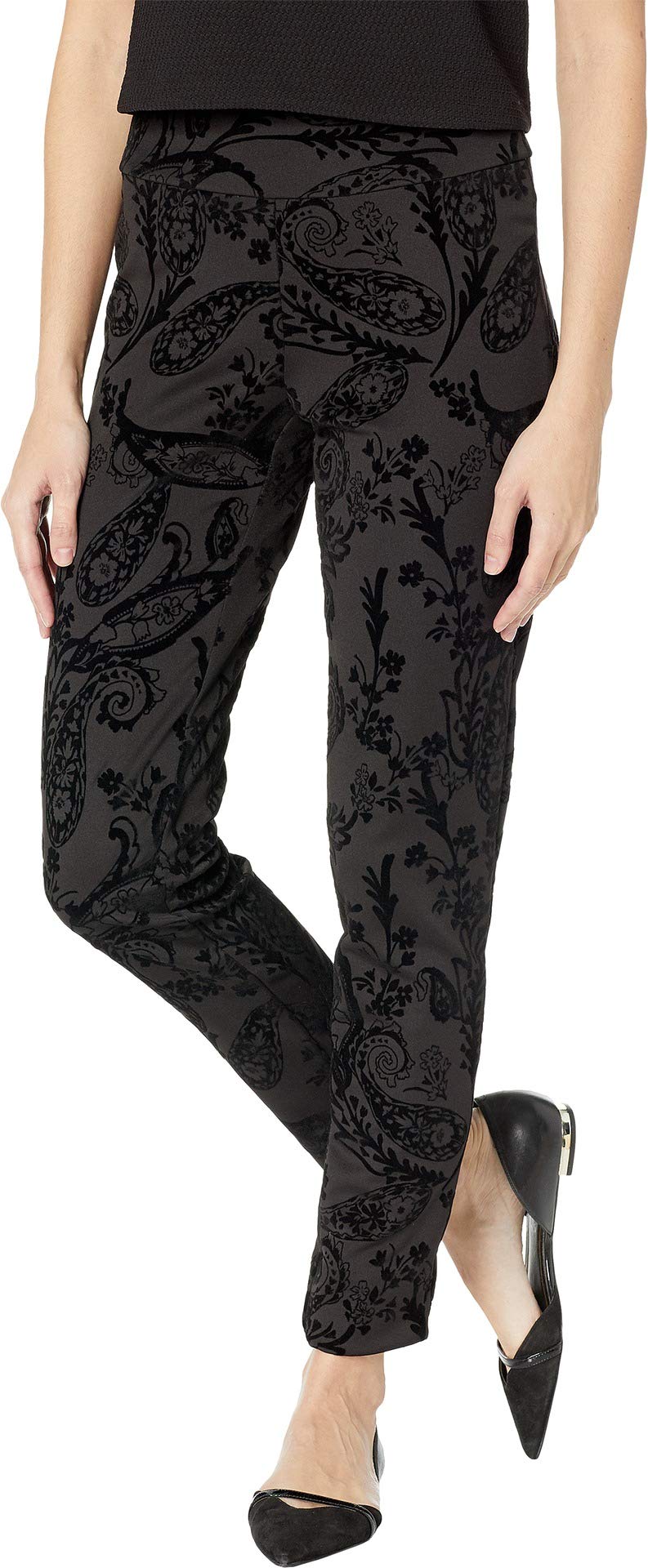 Krazy Larry Ponte Pants with Flocked Velvet Paisley Print - Women's Stretchy Comfort Pants for Lounge, Yoga & Casual Wear