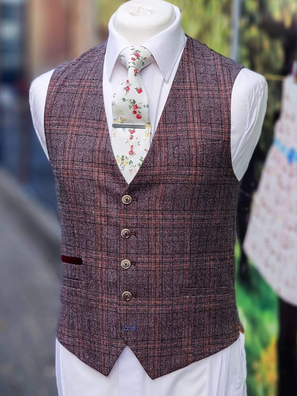 Cavani Brendan Slim Fit Wine Check Waistcoat Vest for Men - Perfect for Weddings, Parties & Formal Events