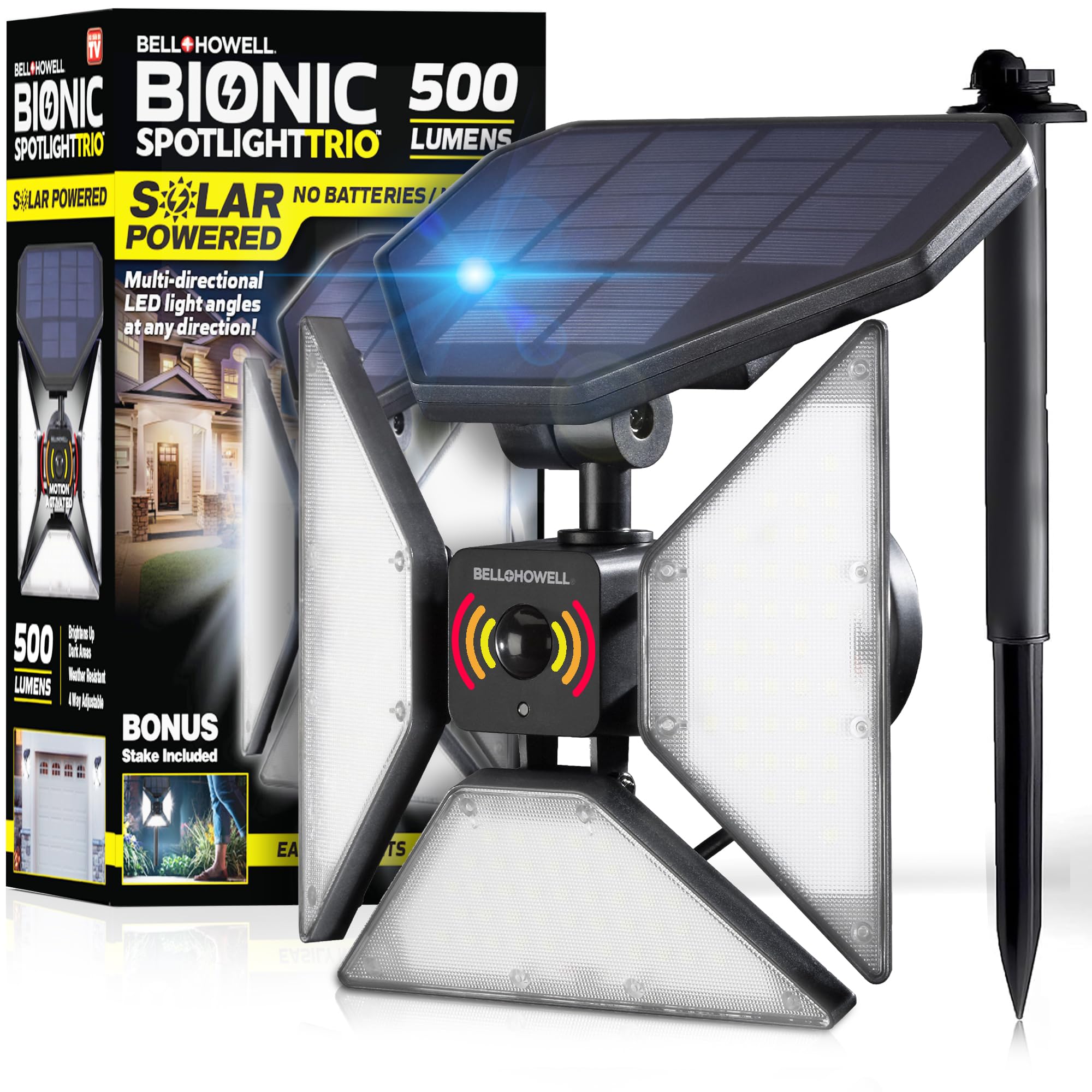 Bell+Howell Bionic Spotlight 500 Lumens Solar Motion Sensor Outdoor Lights - Waterproof Solar Security Flood Lights for Yard, Garden, Pathway (As Seen on TV) - Perfect for Home Safety and Nighttime Illumination