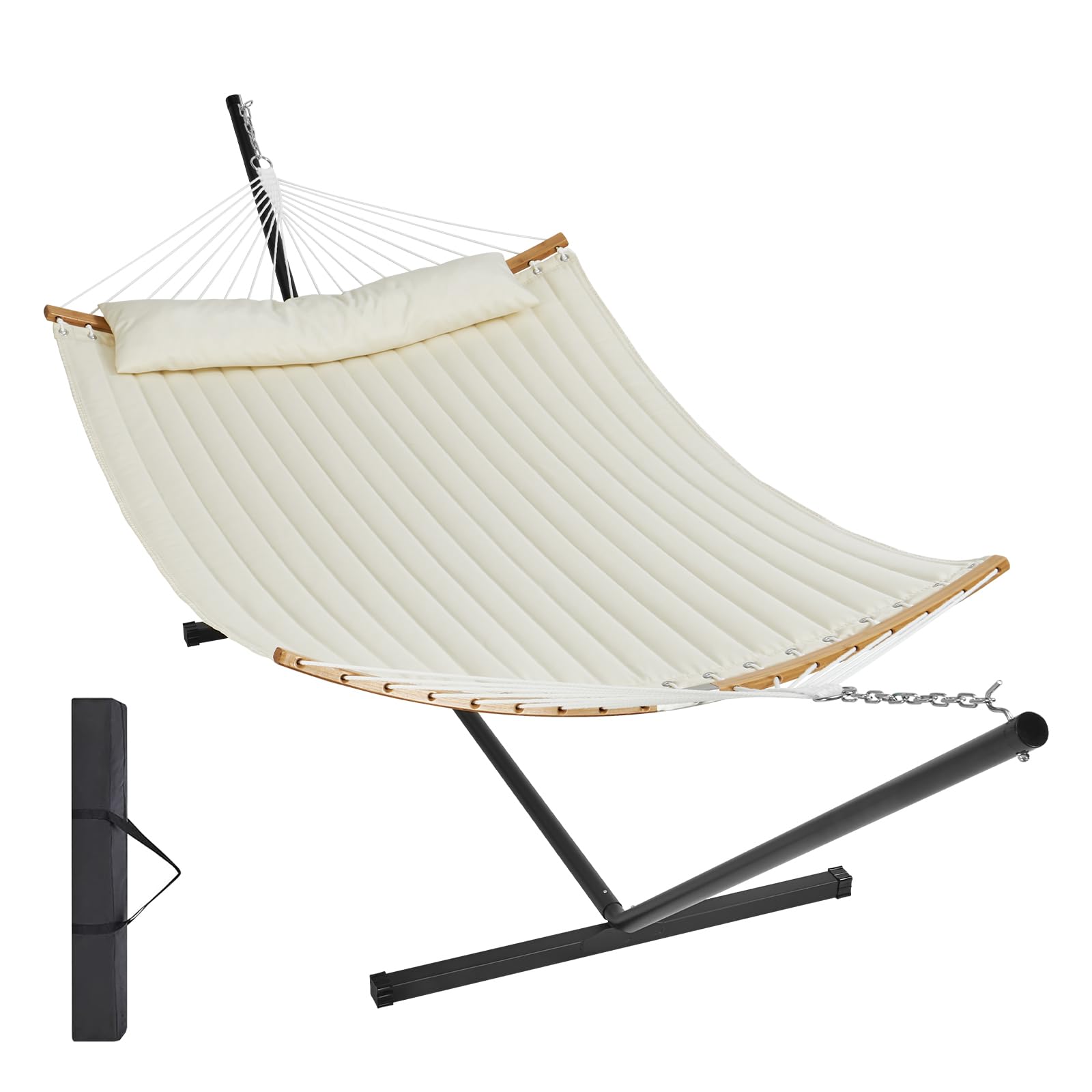 VEVOR 2 Person Hammock with Stand - Heavy Duty 480lb Capacity Double Hammock for Outdoor, Backyard, Camping & Patio - Includes Curved Steel Frame, Detachable Pillow & Carrying Bag - Durable Quilted Fabric for Comfortable Relaxation