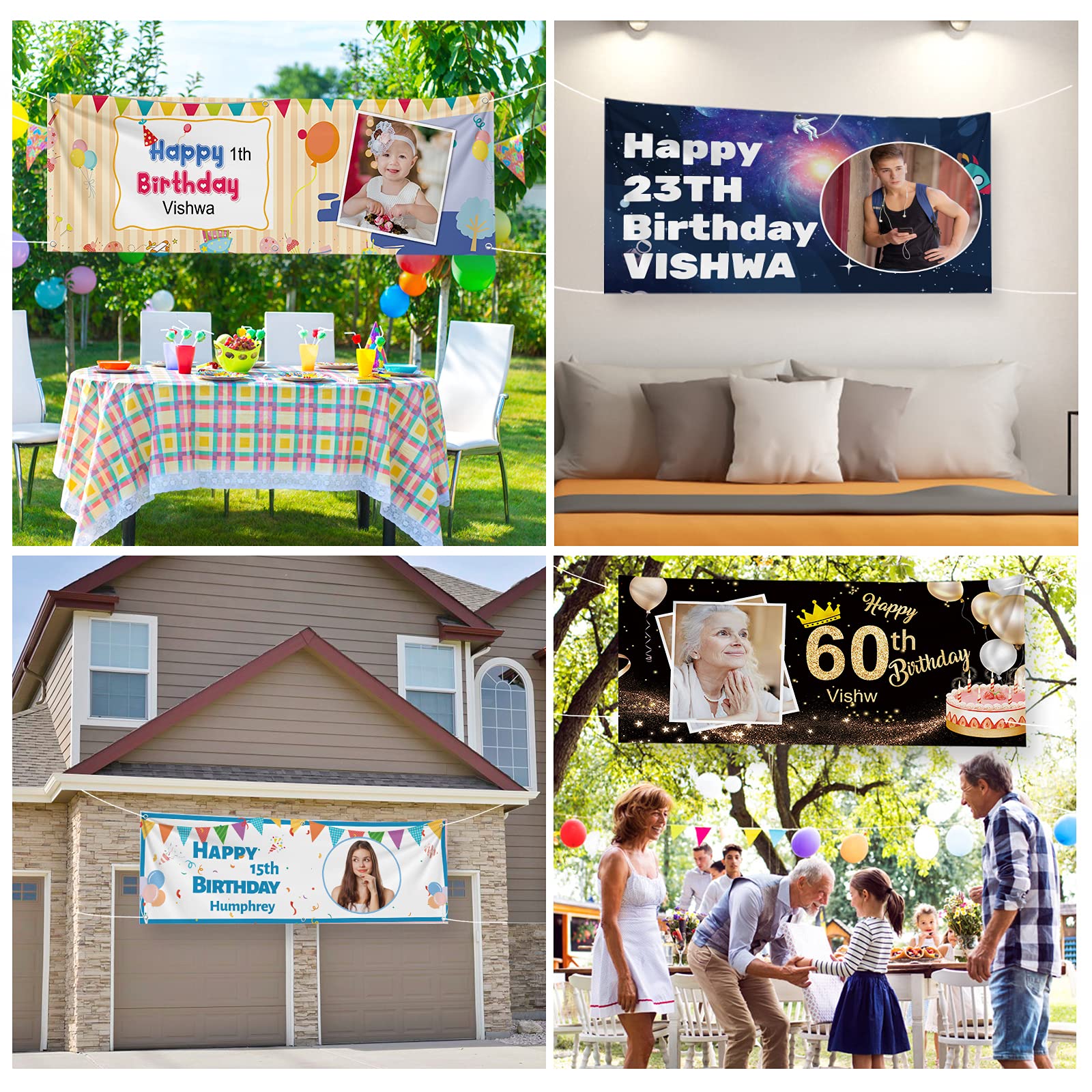 Personalized Happy Birthday Banner with Photo & Name - Custom Party Decor for Women, Men, Kids in Rose Gold & Black | Perfect for Anniversaries, Birthdays & Backdrop Decorations