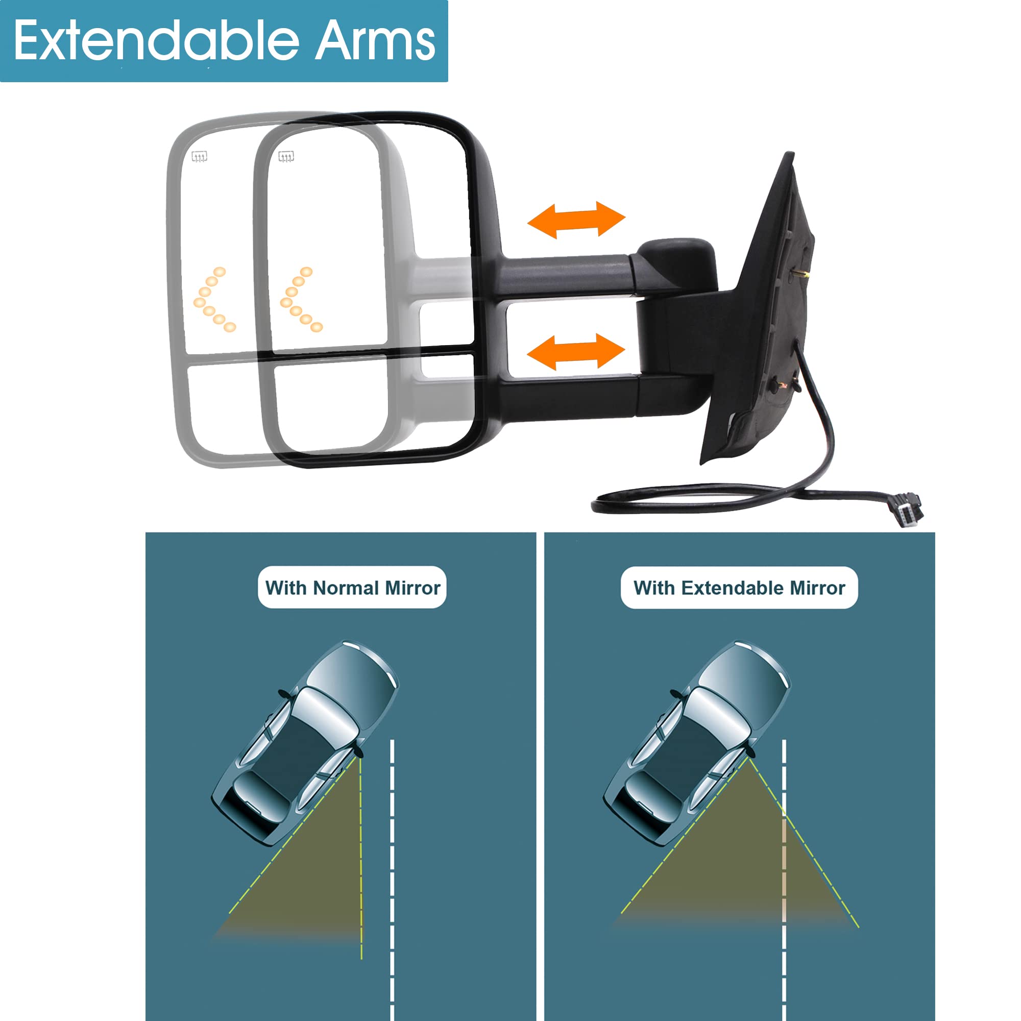 BOOLEE Power Heated Towing Mirrors for 2007-2014 Chevy Silverado 1500/2500/3500 & GMC Sierra/Yukon/Tahoe - Manual Telescopic Tow Mirrors with Arrow Turn Signal - Perfect for Towing, Camping & Off-Road Adventures (Pair, LH+RH)