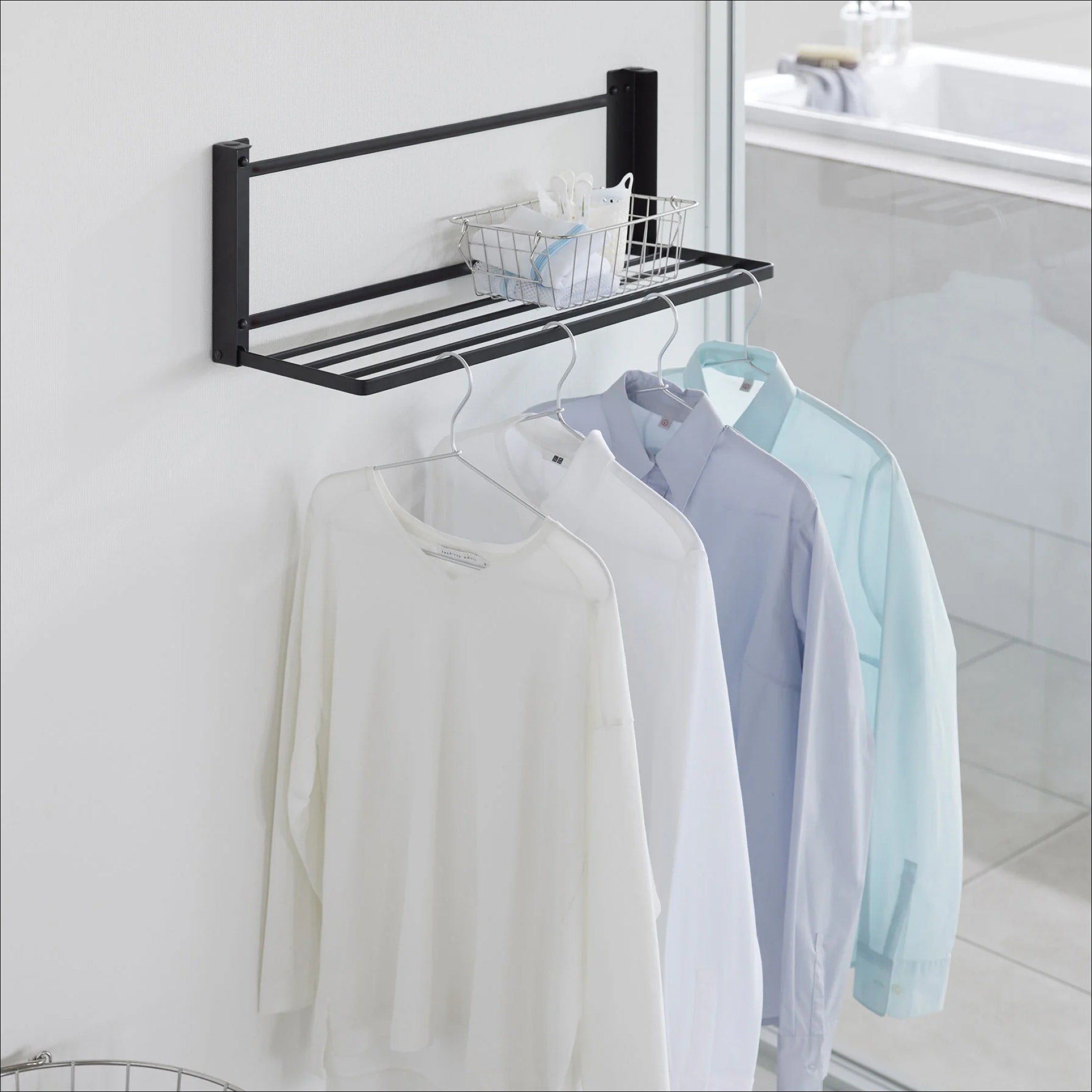 YAMAZAKI Space-Saving Wall Mounted Folding Clothes Rack - Black | Compact Laundry Drying Rack for Small Apartments, Bathrooms & Closets | Perfect for Air-Drying Clothes, Towels & Delicates