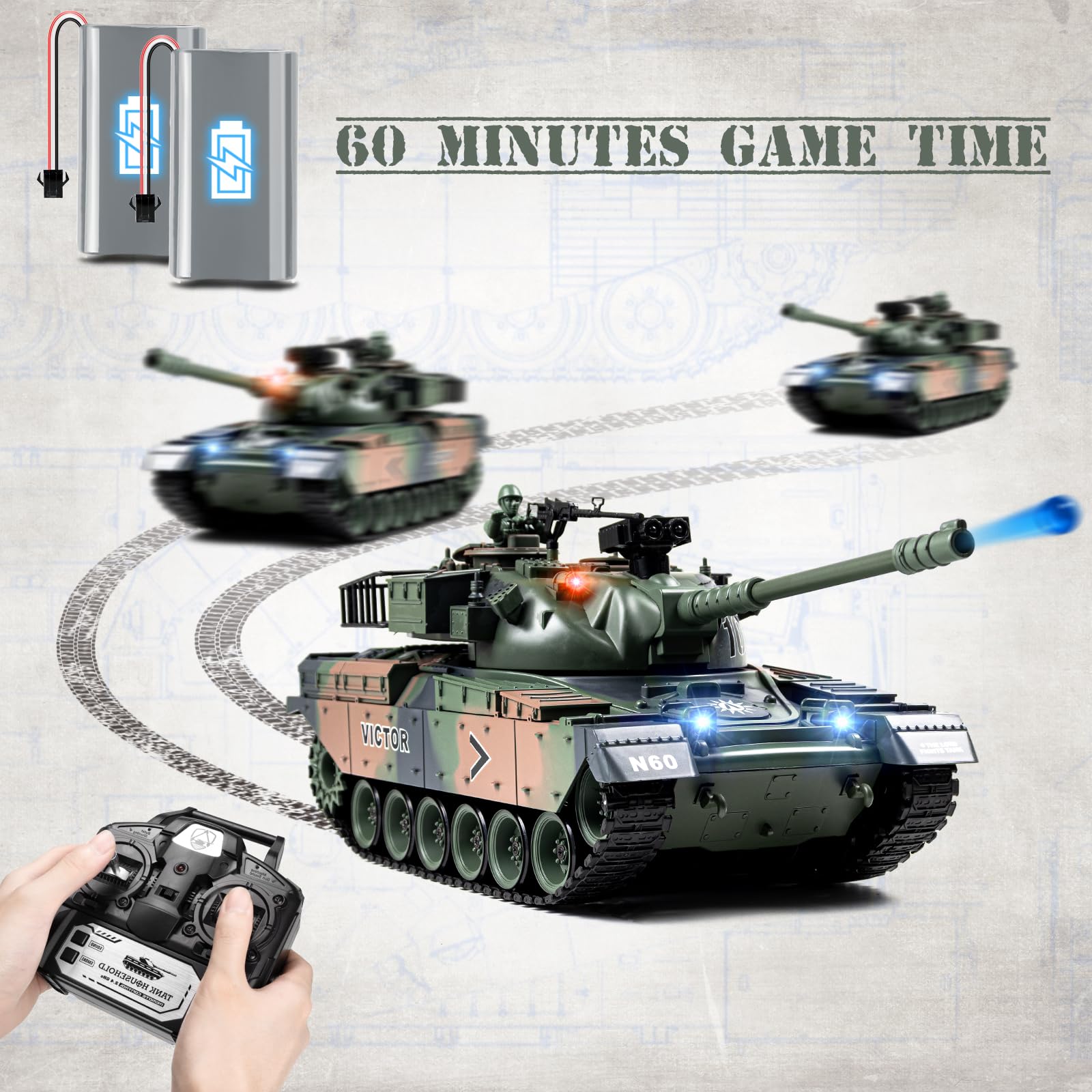 1:18 Scale RC Tank - 2.4Ghz Remote Control M60 Military Tank Toy with Smoke, Light & Sound Effects | 15-Channel Battle Tank with BBS & Water Bomb Launcher | Army Toy for Adults & Kids | Perfect for Outdoor Play, Battle Simulation & Collecting