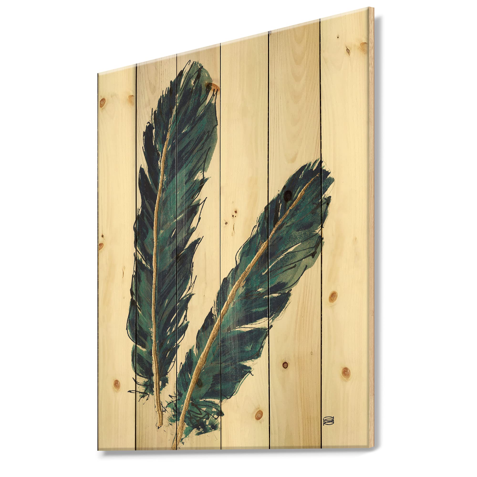 DesignQ Gold Indigo Feathers Bohemian Wood Wall Art - Handmade Pine Wood Wall Decor with Eclectic Animal Prints for Living Room, Bedroom & Office