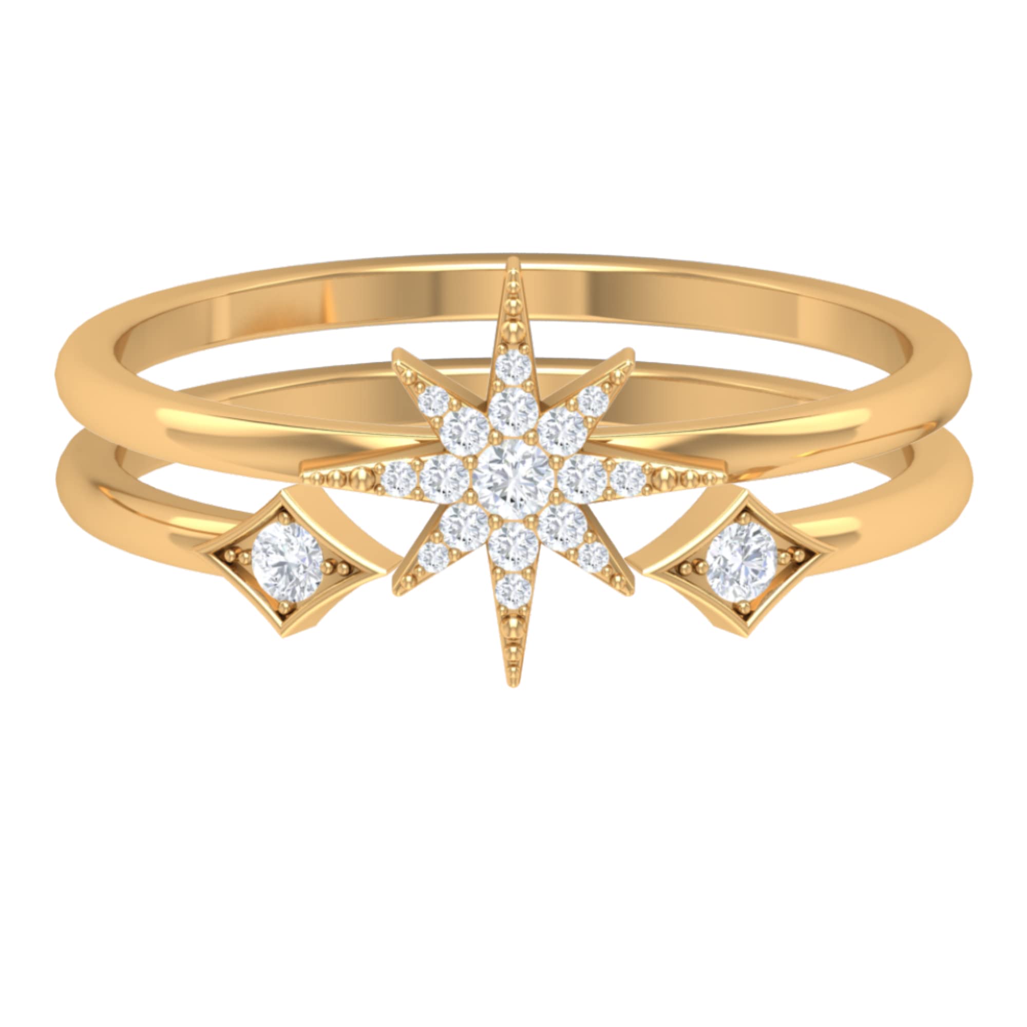 14K Solid Gold Starburst Diamond Ring Set for Women - Minimalist Open Cuff & Stackable Rings | Perfect for Weddings, Anniversaries, Date Nights & Special Occasions