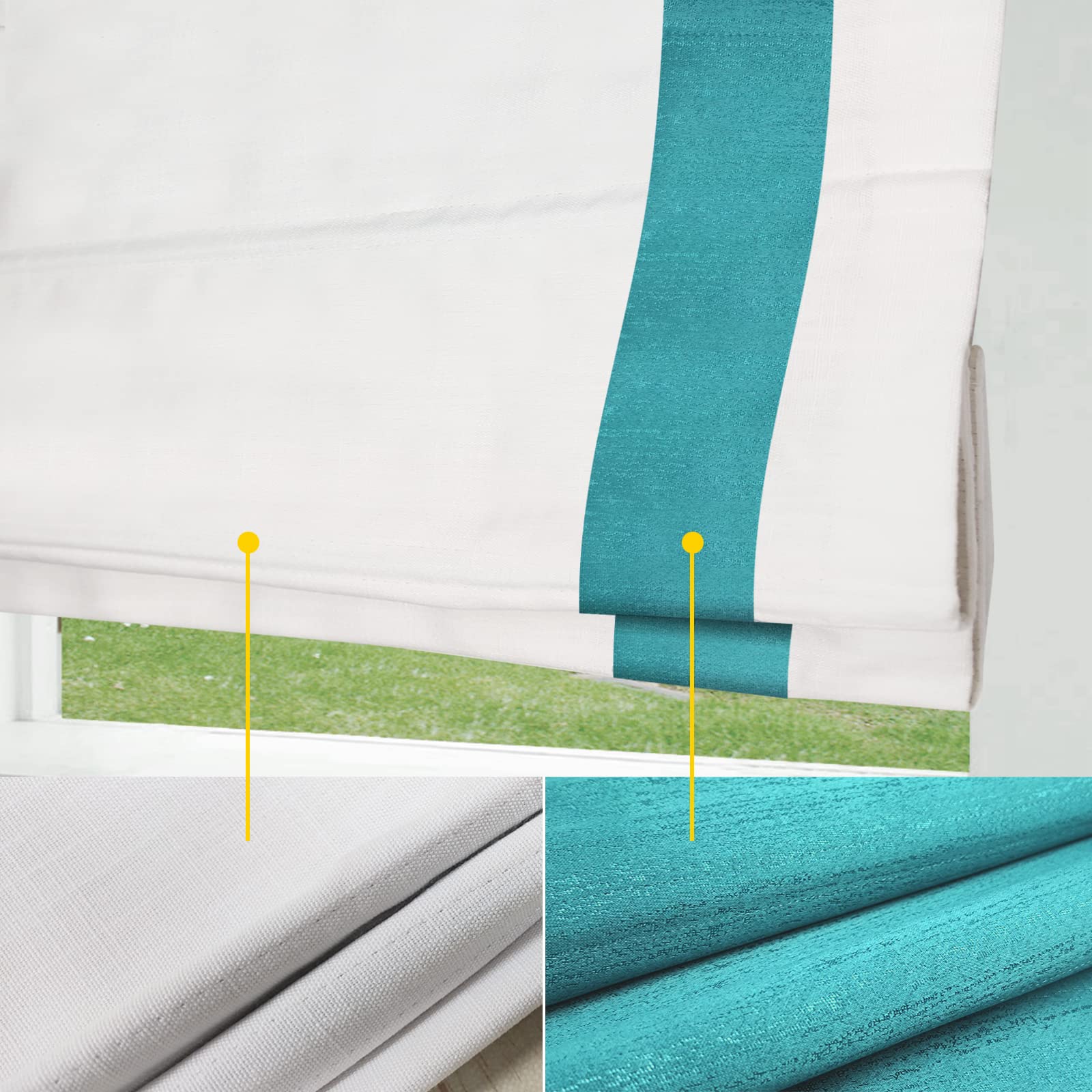 Comodex Cordless Roman Shades with Ribbon Border - White Green Trim Blackout Light Filtering Window Blinds | Thermal Insulated Roman Shades for Windows, French Doors & Kitchen | Perfect for Living Room, Bedroom & Office Privacy