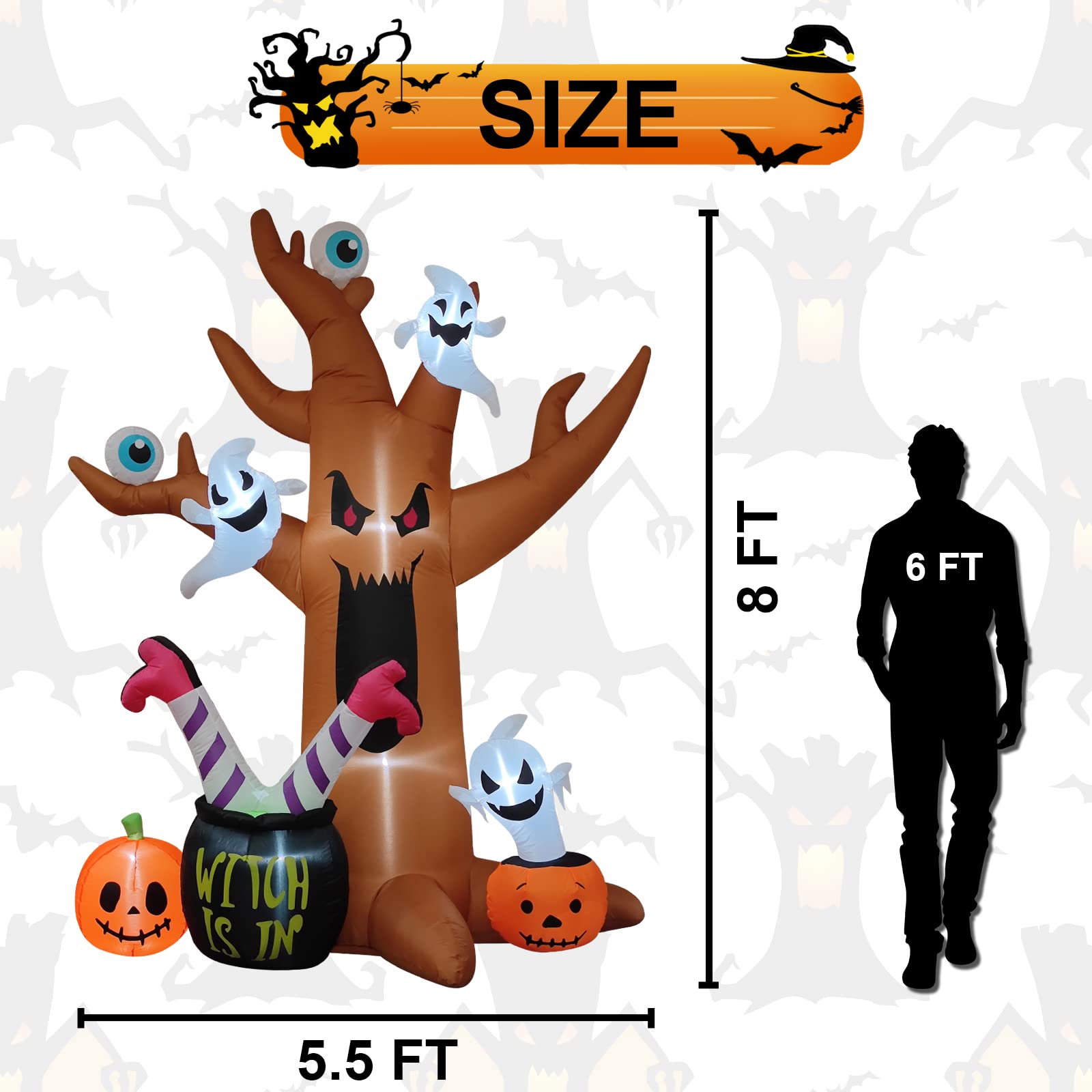 8 Ft Halloween Inflatable Outdoor Decor - Spooky Blow-Up Tree with Ghosts, Eyeballs, Pumpkins, Cauldron & Witch Legs - LED Lighted Lawn Decoration for Halloween Party, Yard & Garden Decor