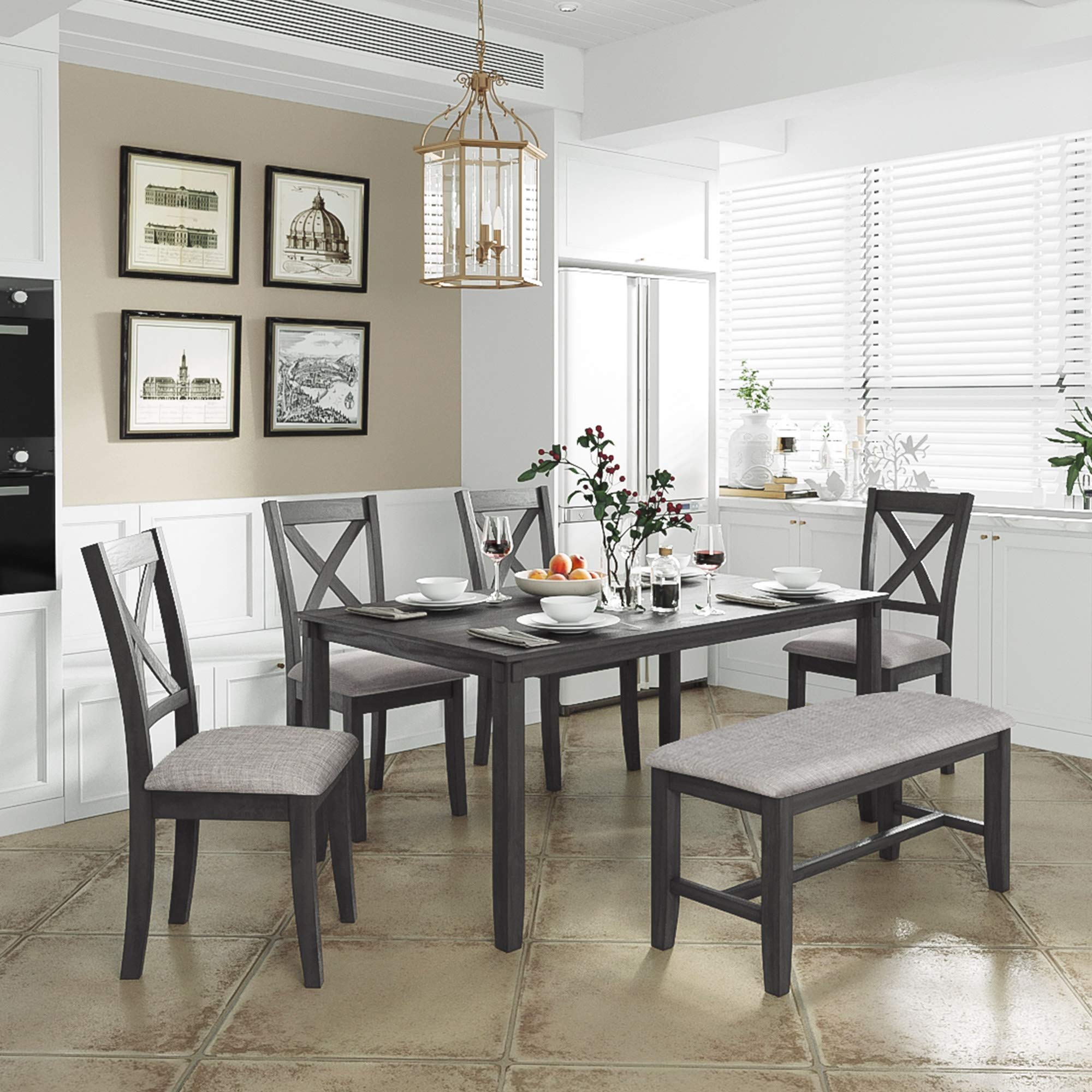Merax 6-Piece Wooden Dining Table Set with 4 Chairs and Bench - Rectangular Kitchen Table for Family Gatherings, Breakfast Nook & Small Spaces, Grey Finish