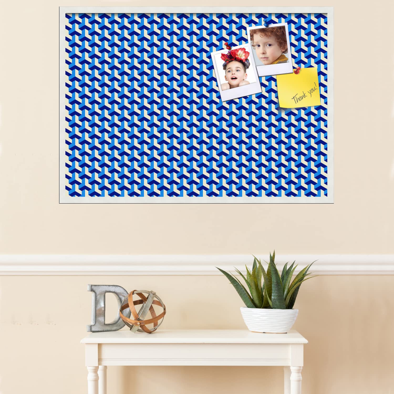 PinPix 40x28 Inch Cork Bulletin Board with BAUS Blue Beige Design & Satin White Frame - Decorative Framed Pin Board for Home Office School Decor - Perfect for Notes, Photos, Reminders & Wall Organization