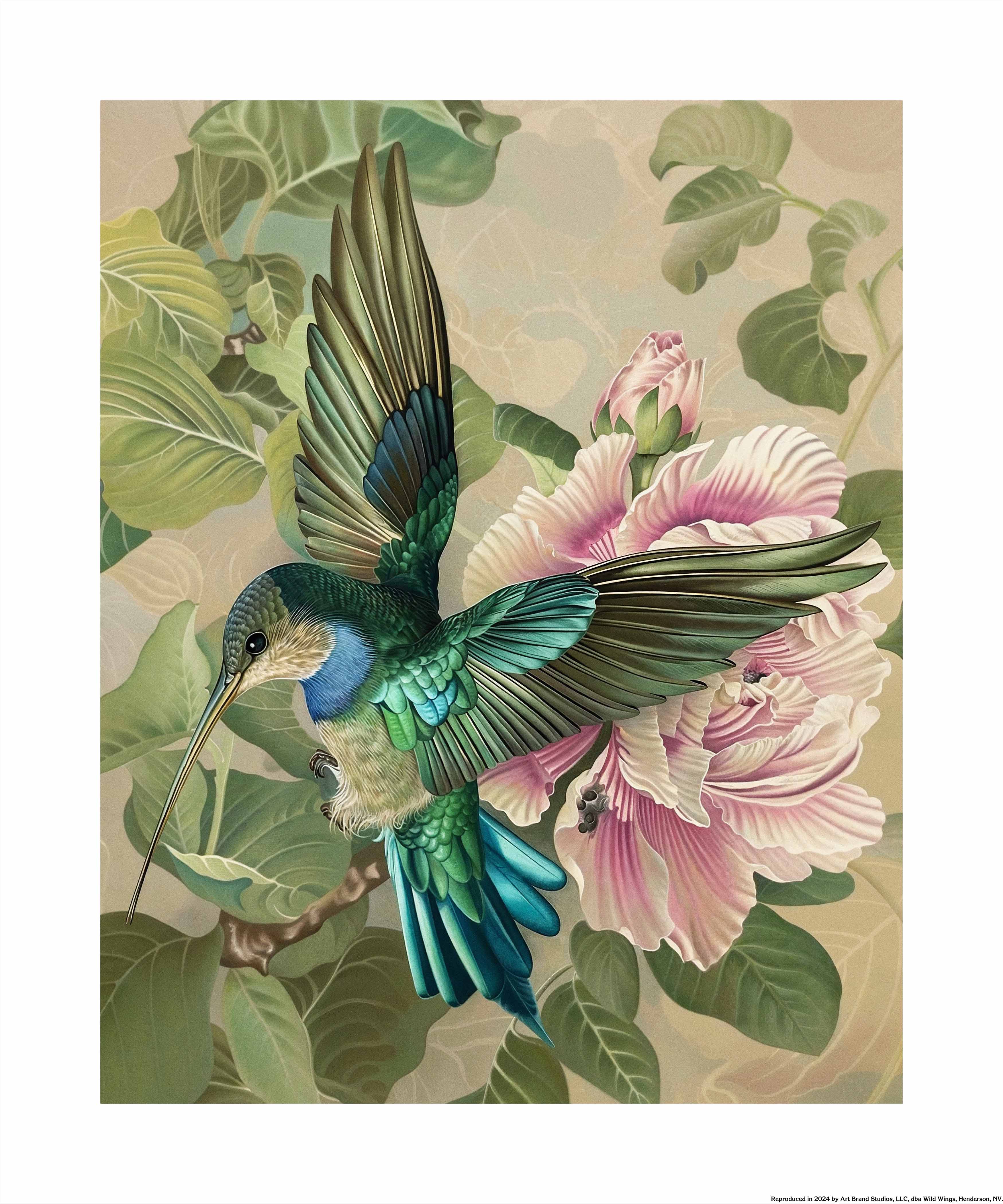 Emerald Flight Hummingbird Among Hibiscus Wall Art Print - Vibrant Tropical Home Decor for Living Room, Bedroom & Office