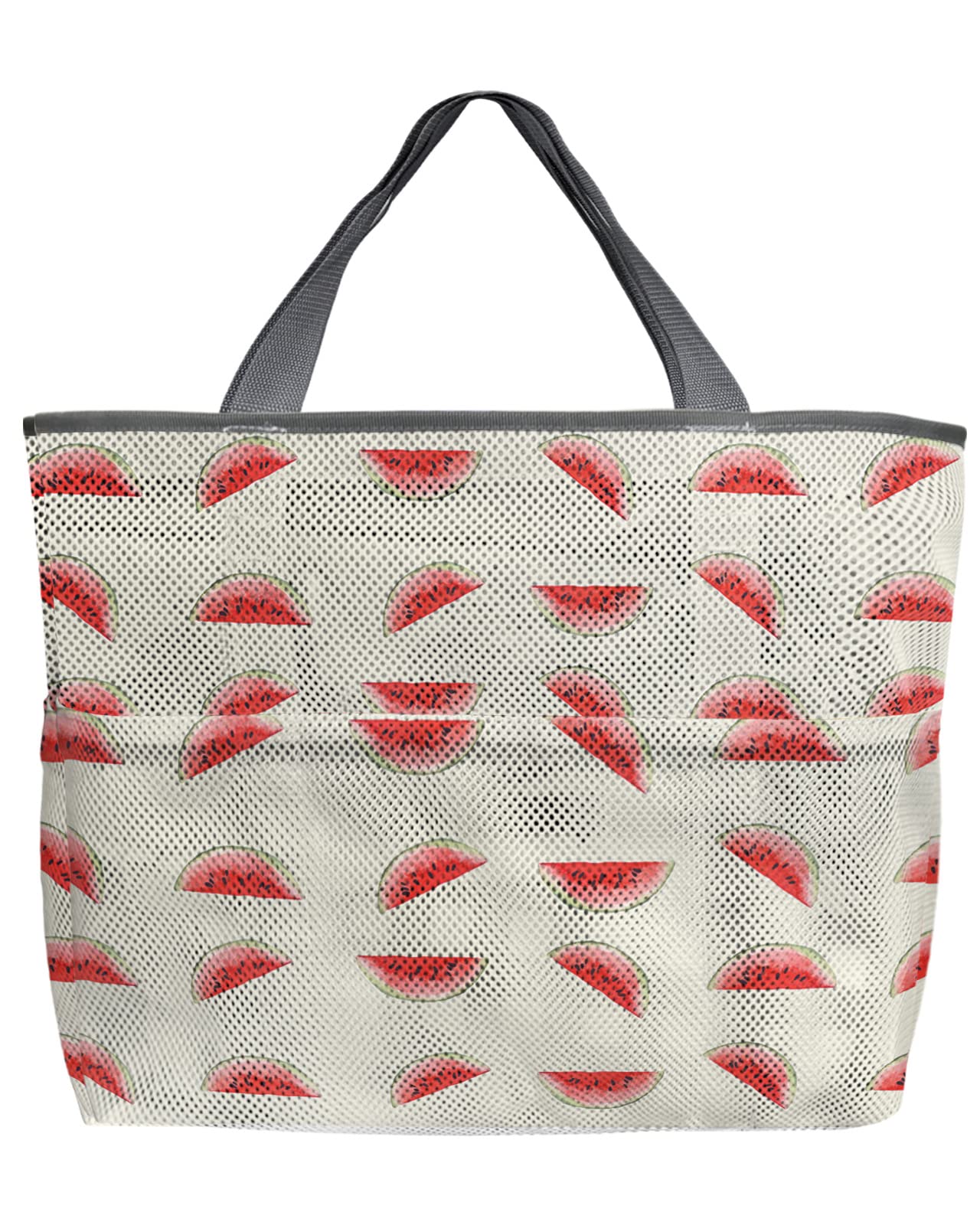 Watermelon Print Mesh Beach Tote Bag - 60L Oversized Quick-Dry Swim Bag with Pockets | Cute Cartoon Design Foldable Lightweight Storage Net (24x16x9 Inches) for Pool, Beach Vacation & Grocery Shopping