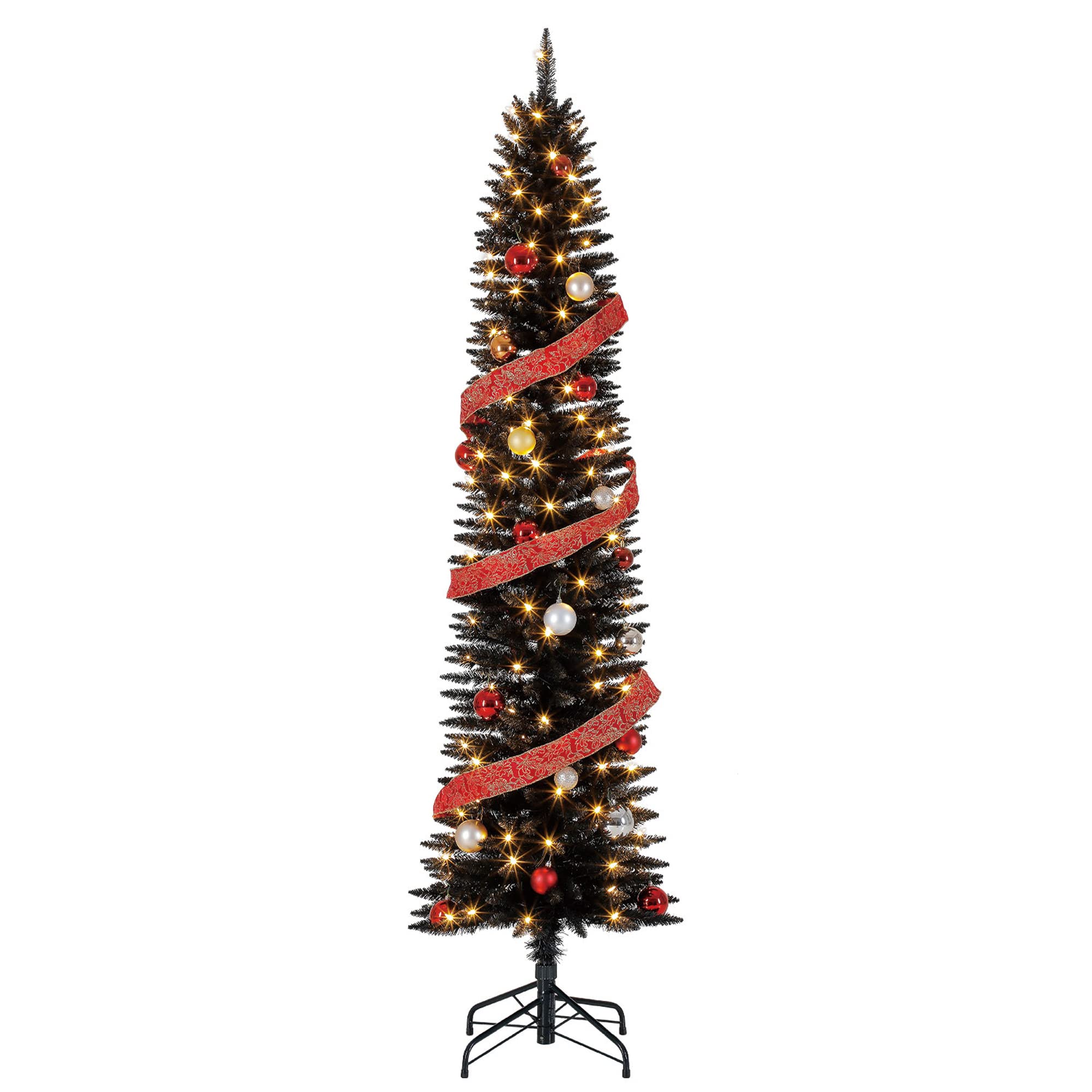 7ft Pre-Lit Skinny Pencil Artificial Christmas Tree with 150 Warm White LED Lights & Stand - Black Holiday Decor for Small Spaces, Apartments & Office Decorations