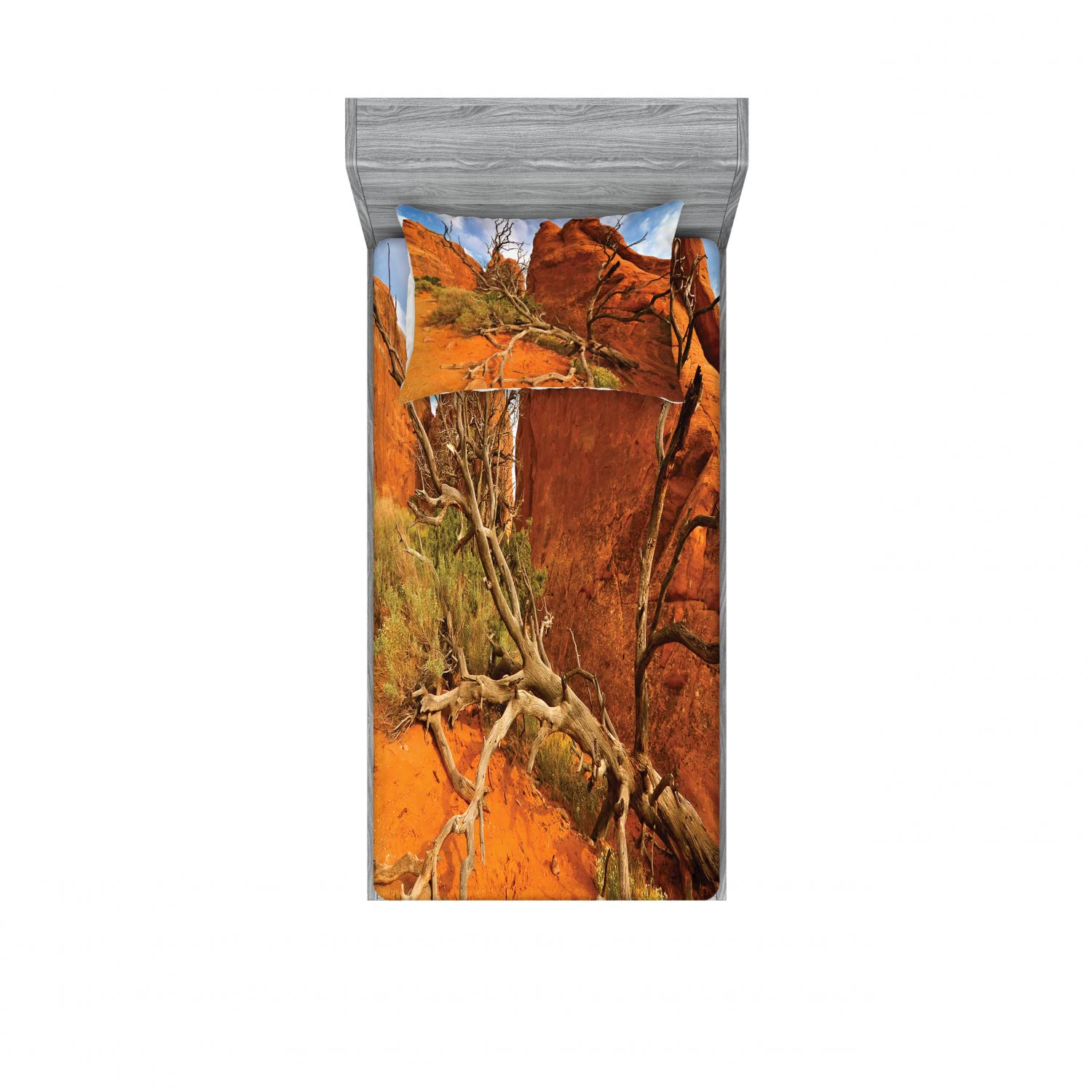 Ambesonne 2-Pack Twin Fitted Sheets & Pillow Sham Set - Grand Canyon Inspired Orange & Blue Bedding Decor (4-Piece Set) | Perfect for Kids Rooms, Dorm Essentials & Guest Bedroom Makeovers