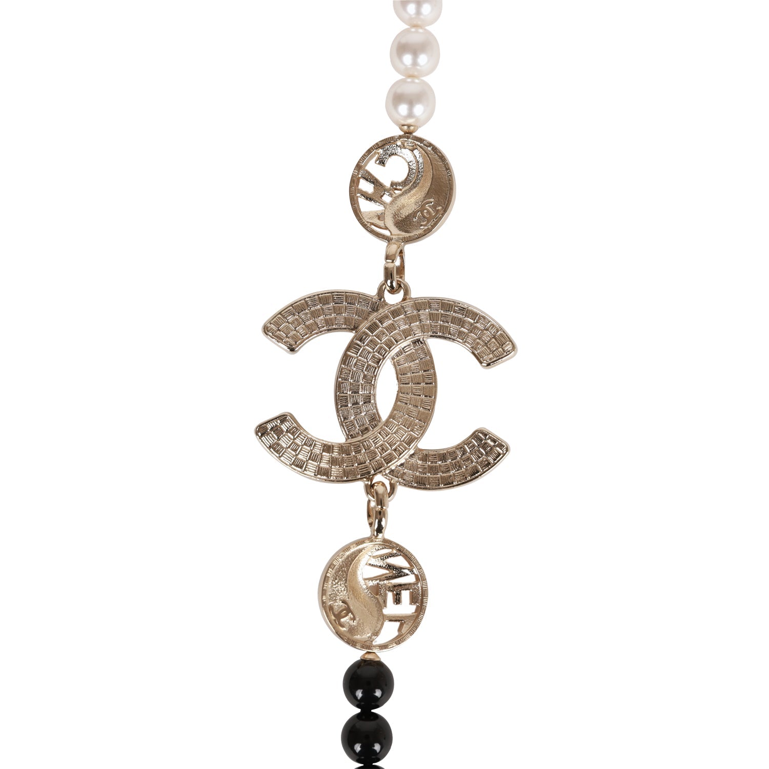 Chanel Black and White CC Logo Faux Pearl Glass Beads Long Necklace for Women - Elegant Statement Jewelry for Evening Parties, Weddings & Special Occasions