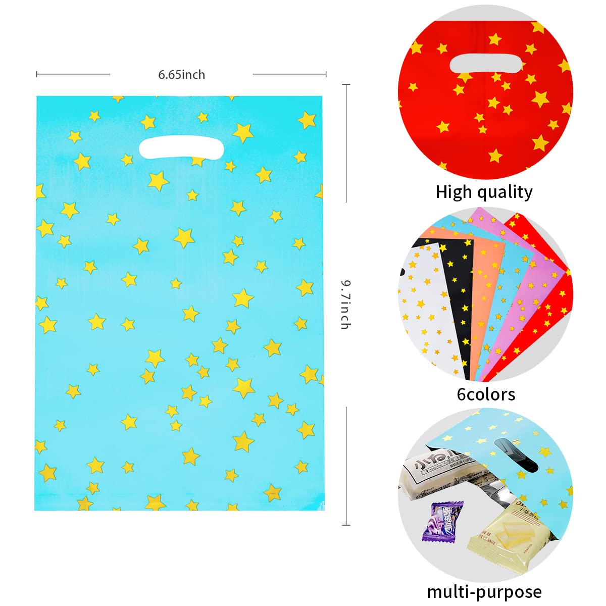 Bright Colorful Plastic Party Favor Bags Bulk (36 Pcs, Gold Stars) - Kids Birthday Party Supplies, Goodie Bags for Halloween, Christmas, Easter & School Events