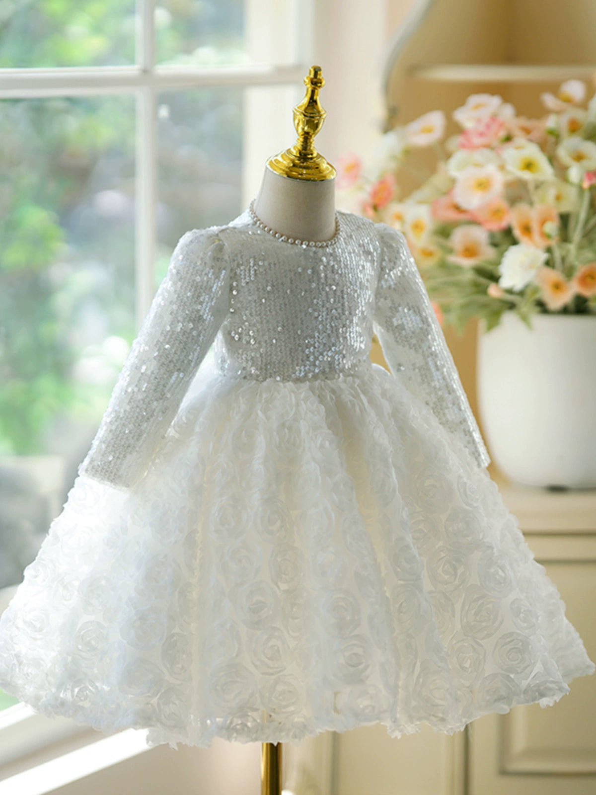 White Princess Jewel Neck Tea Length Polyester Flower Girl Dress for Weddings, Baptisms & Special Occasions