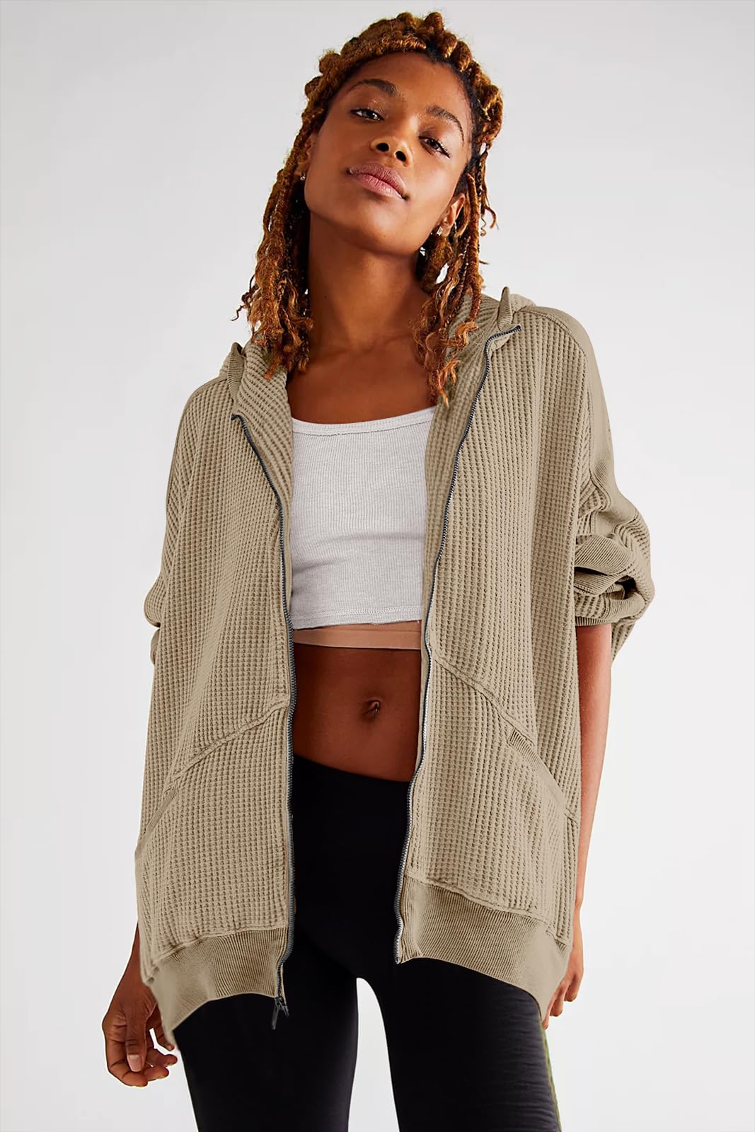 Women's Oversized Waffle Knit Zip Up Hoodie Jacket - Long Sleeve Shacket Blouse with Pockets | Casual Loungewear & Streetwear Fashion
