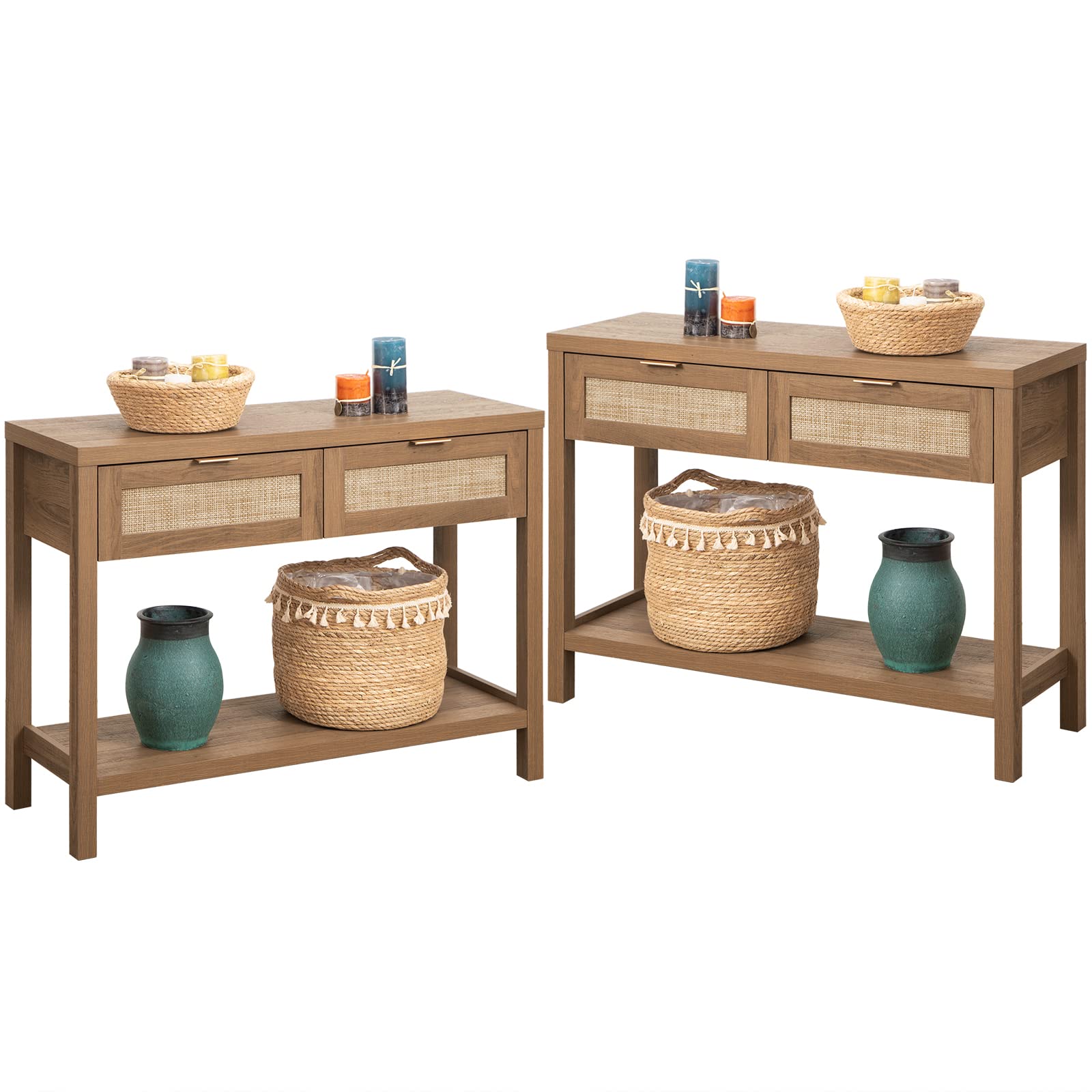 SICOTAS 2-Piece Boho Rattan Console Table Set with Drawers & 2-Tier Shelf - Narrow Long Entryway Sofa Table for Living Room, Hallway, Foyer - Perfect for Small Space Decor & Apartment Entry Organization