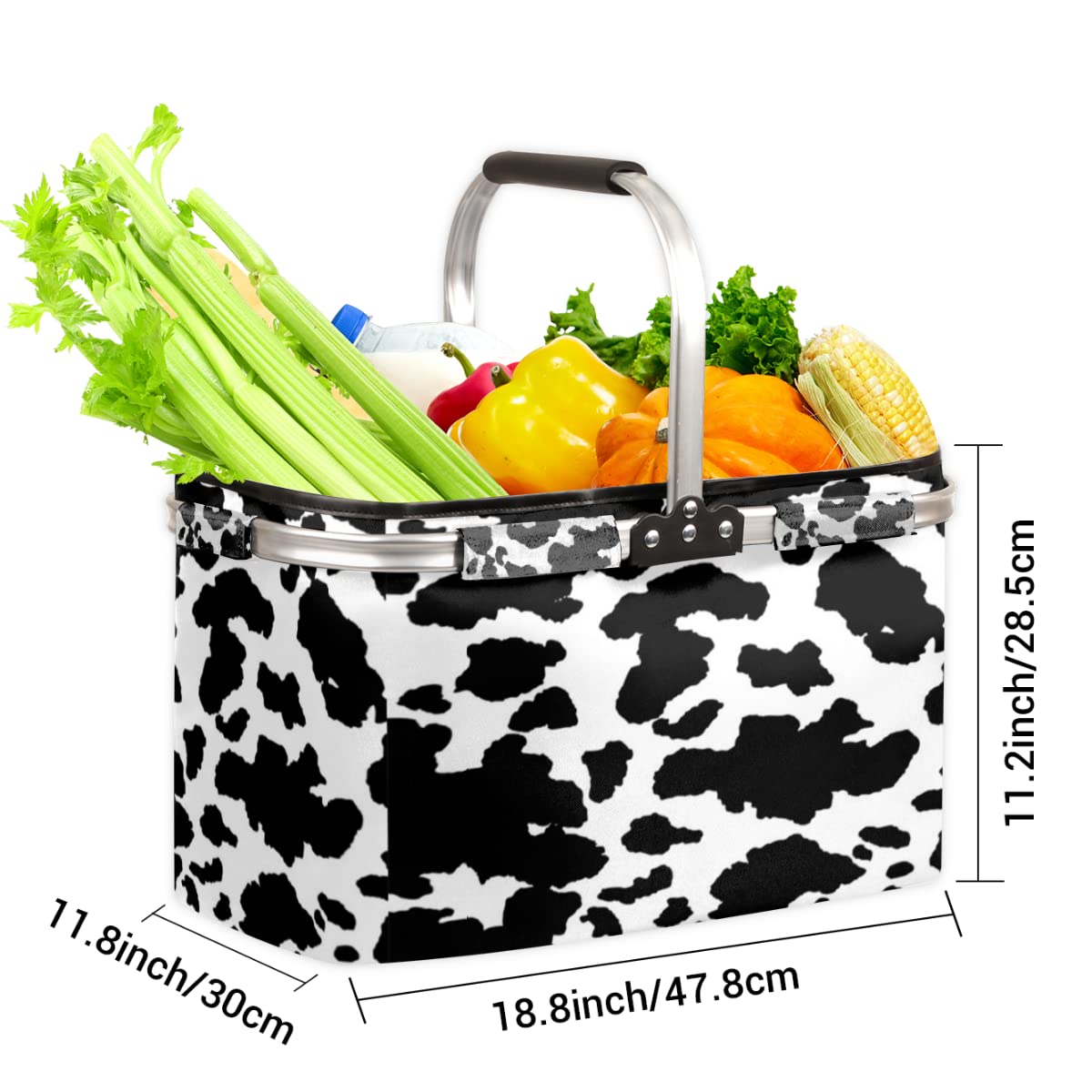 Collapsible Large Animal Print Reusable Shopping Tote Bag - Heavy Duty Grocery Bag with Handles - Foldable Picnic Basket for Travel, Camping, Beach & Market Use - Cow Pattern Design for Stylish Shopping & Outdoor Activities