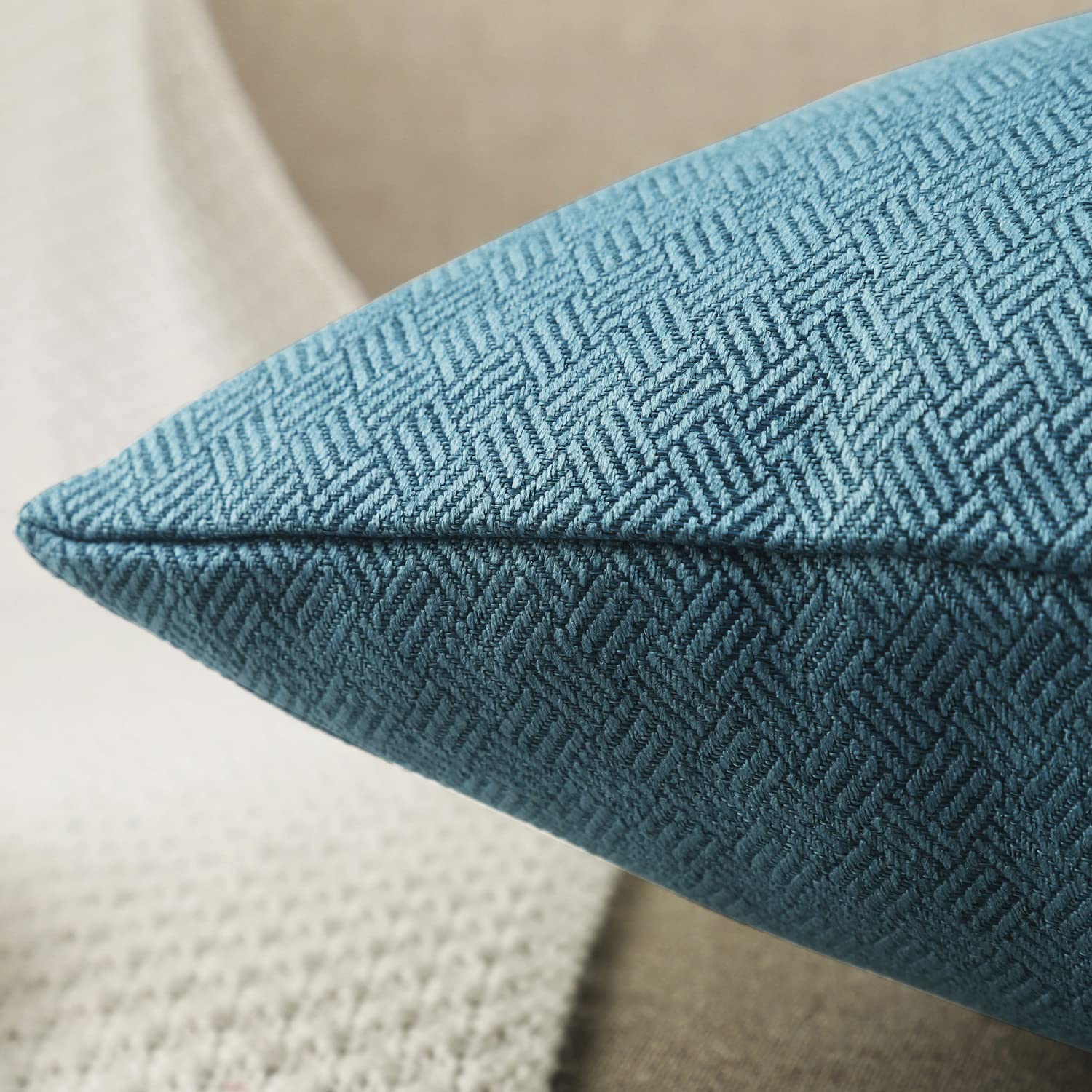 Jepeak 20x20 Inch Woven Textured Throw Pillow Covers (Pack of 2) - Rustic Linen Square Cushion Covers for Farmhouse, Spring & Home Decor - Denim Blue - Perfect for Sofa, Couch, Bed & Living Room Accents