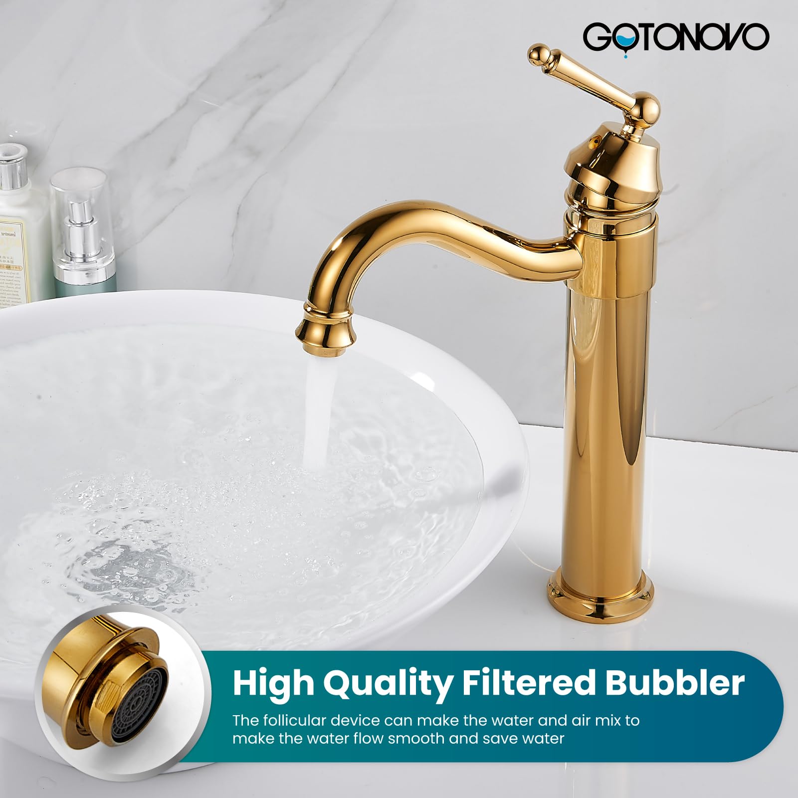 Brass Single Handle Bathroom Vessel Sink Faucet - Long Reach Gold Mixer Tap for Modern Vanities
