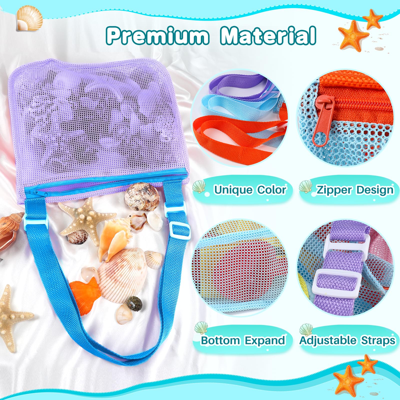 3 Pack Mesh Beach Bags for Kids - Sand Toy & Seashell Collecting Bags, Lightweight Swim Accessories for Boys & Girls (Toddler to Teen) - Perfect for Beach Trips, Pool Parties & Summer Vacations