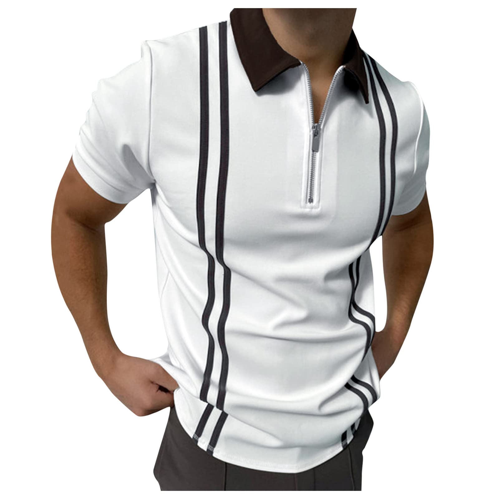 Men's Casual Striped Dress Shirt with Collar & Double Zipper - Solid Color Polo Style for Work & Formal Occasions