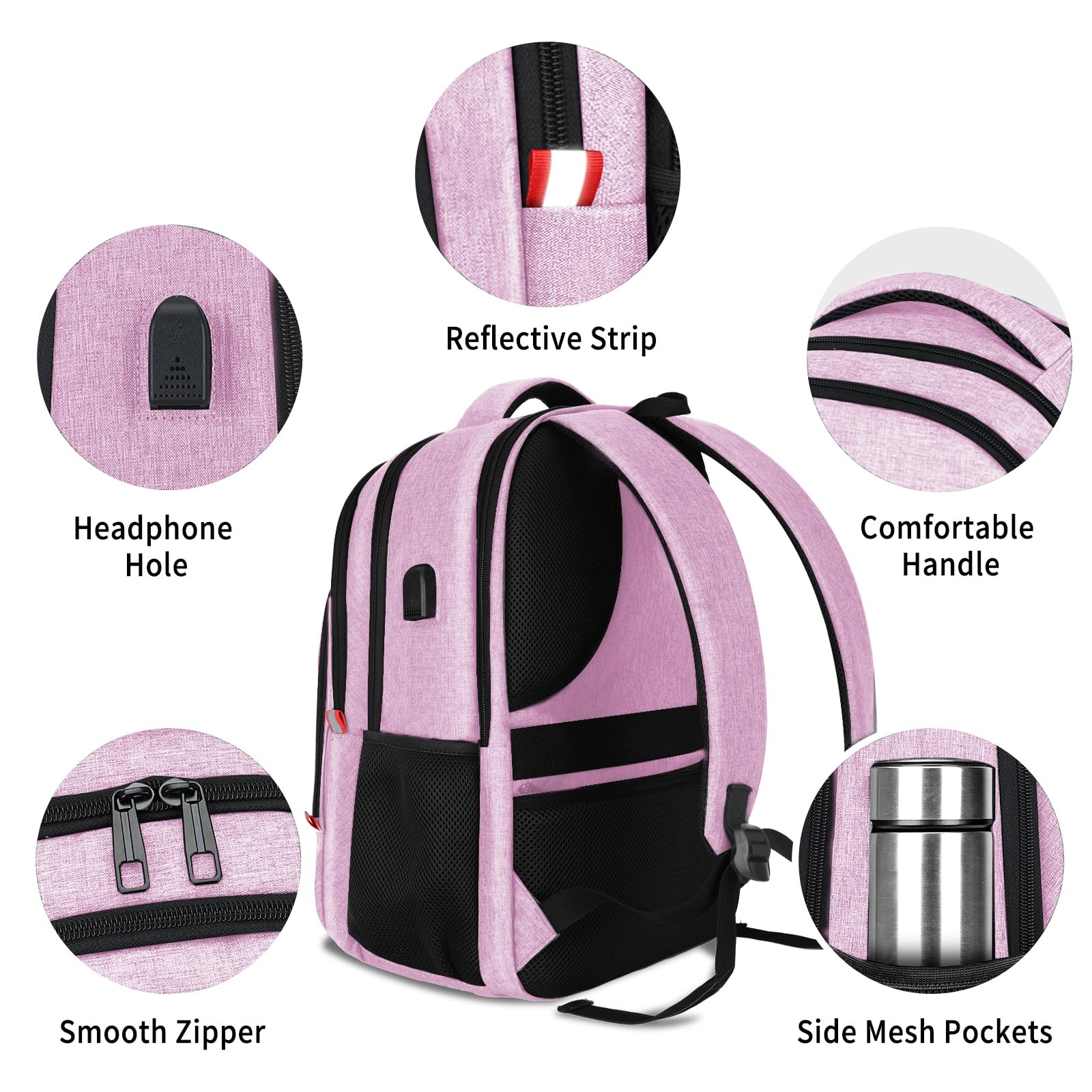 **Pink Women's Backpack with USB Charging Port - Stylish School & College Bookbag for Girls & Teens - Fits 15.6 Inch Laptop - Perfect for High School, Work, Business & Travel**