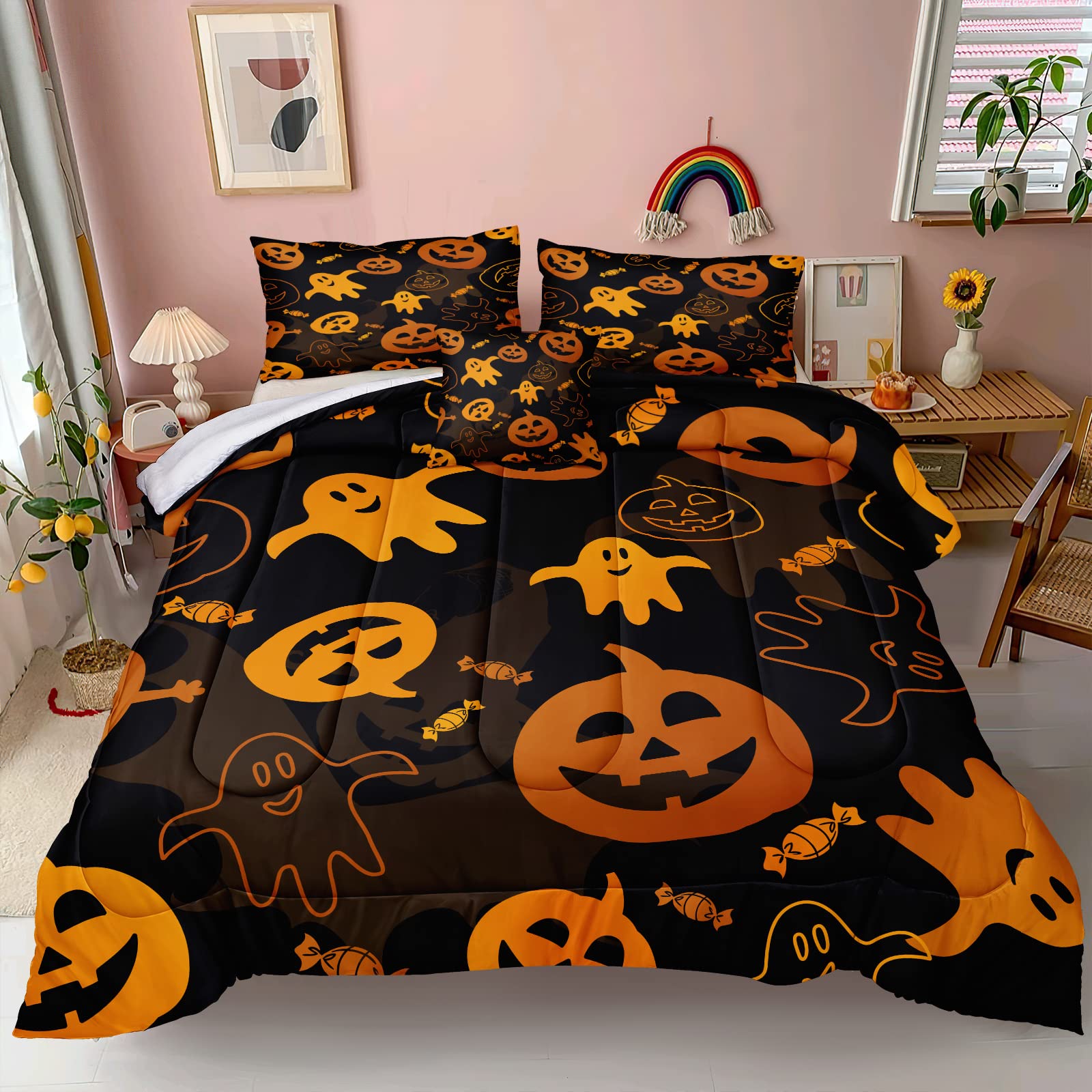 Halloween Pumpkin Comforter Set - Cartoon Ghost Bedding Queen Size, Orange Pumpkin & Candy Print for Spooky Decor | Perfect for Halloween Parties, Bedroom Decor & Ghost Festival Celebrations