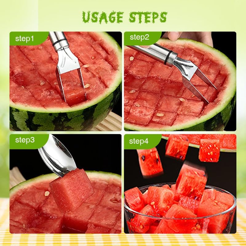 2-in-1 Stainless Steel Fruit Cutter & Watermelon Slicer - Dual Head Kitchen Tool for Watermelons, Pineapples & Melons - Durable Home Kitchen Gadgets (2-Piece Set) - Perfect for Summer BBQs, Picnics & Family Gatherings