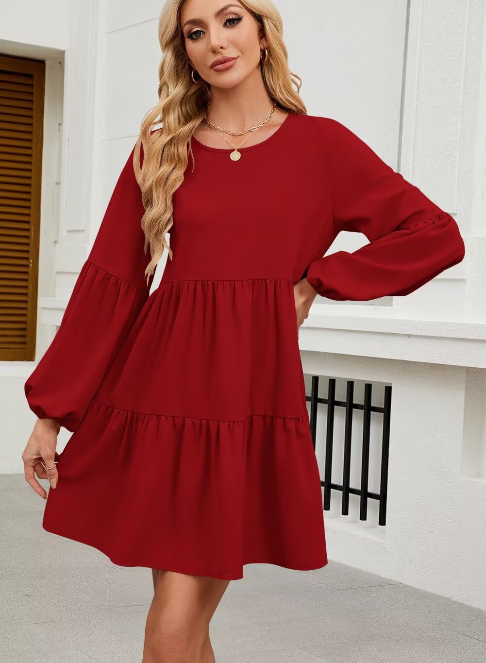 QACOHU Women's Summer Babydoll Dress 2025 - Spring Crew Neck Long Sleeve Flowy Swing Tunic Mini Dress for Casual Wear, Date Night & Vacation Outfits