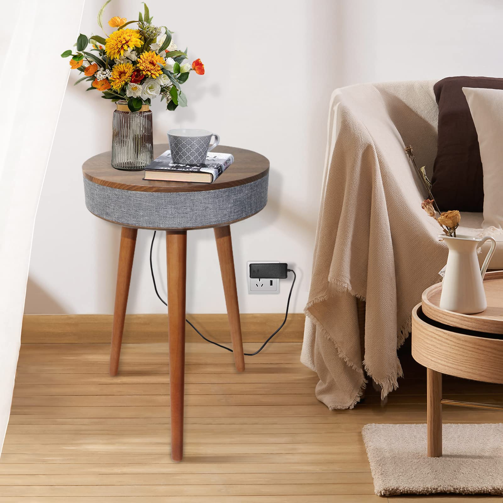 TooCust Smart End Table with Bluetooth Speaker & Wireless Charger - Round Side Table with USB Charging Ports for Bedroom, Living Room, Office - Perfect for Home Entertainment & Workspace Charging Station