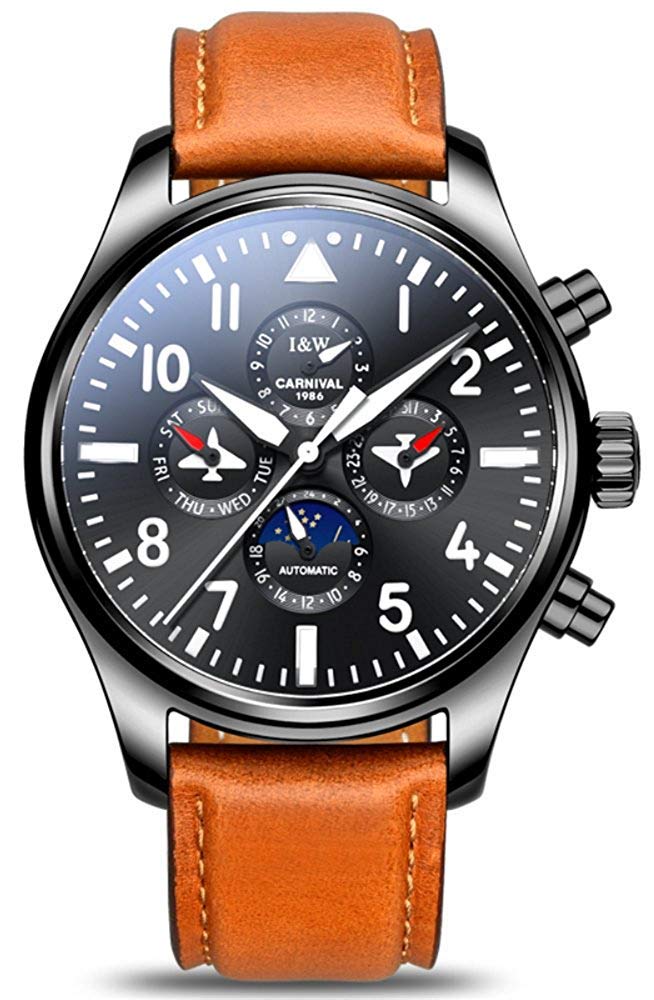 MASTOP Men's Automatic Mechanical Watch with Date Moon Phase & 24-Hour Display - Genuine Calfskin Leather Strap, Transparent Skeleton Design (Brown) - Perfect for Business, Formal Events & Luxury Gift Giving