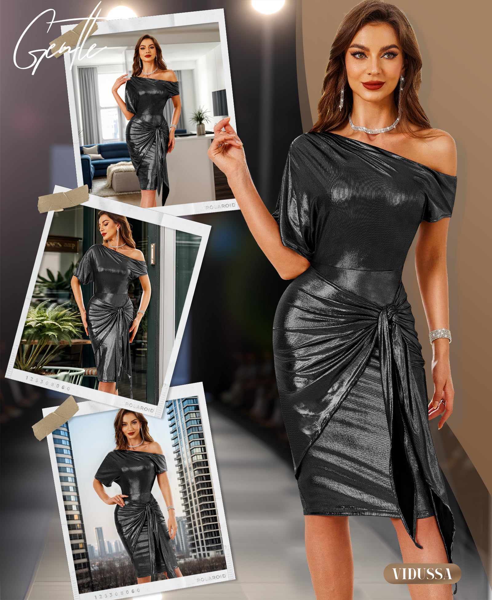 VIDUSSA Sparkly Glitter Party Dress for Women - One Shoulder Ruched Cocktail Dress with Tie Waist | Perfect for Night Out, Club, Prom, Wedding Guest & Special Occasions