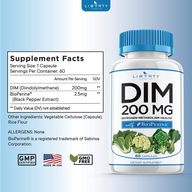 DIM Supplement 200mg with BioPerine - Diindolylmethane Capsules for Estrogen Balance, Menopause Support & Acne Relief - Vegan, Non-GMO - 120 Count - Perfect for Hormone Regulation & Skin Health