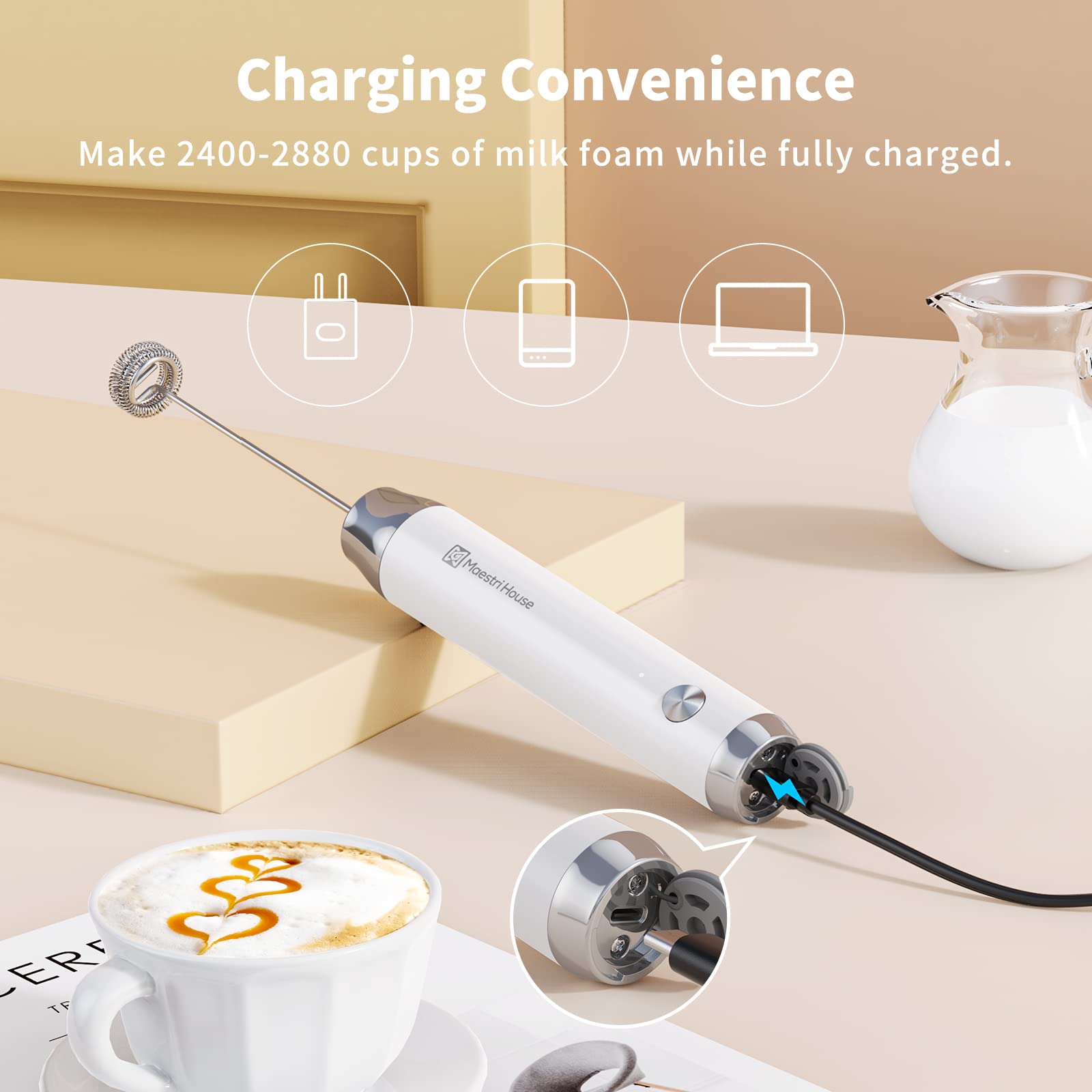 Maestri House Rechargeable Milk Frother - Handheld Electric Foam Maker for Lattes & Cappuccino, Waterproof & Detachable Stainless Steel Whisk, Drink Mixer & Foamer - Perfect for Coffee Shops, Home Baristas & Office Use