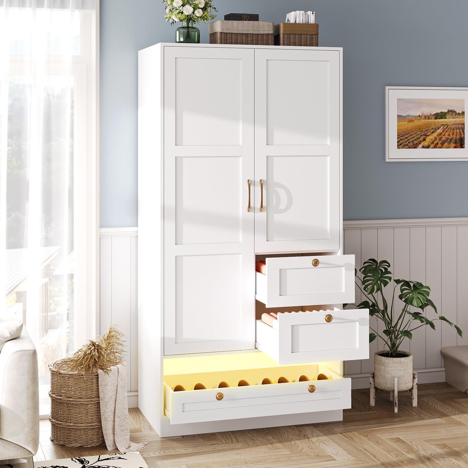 White Maupvit 2-Door LED Wardrobe with Drawers & Hanging Rod - Spacious Bedroom Closet Organizer for Laundry Storage