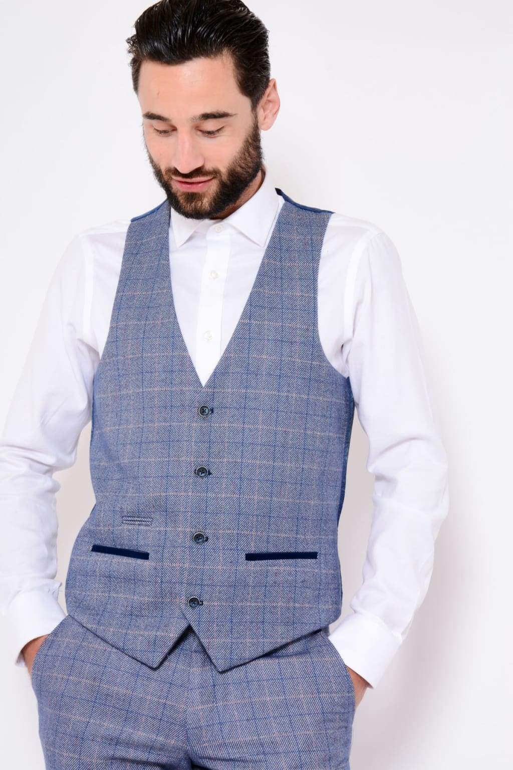 Marc Darcy Hilton Blue Tweed Check Single Breasted Waistcoat for Men - Elegant Formal Vest for Weddings, Business & Special Occasions