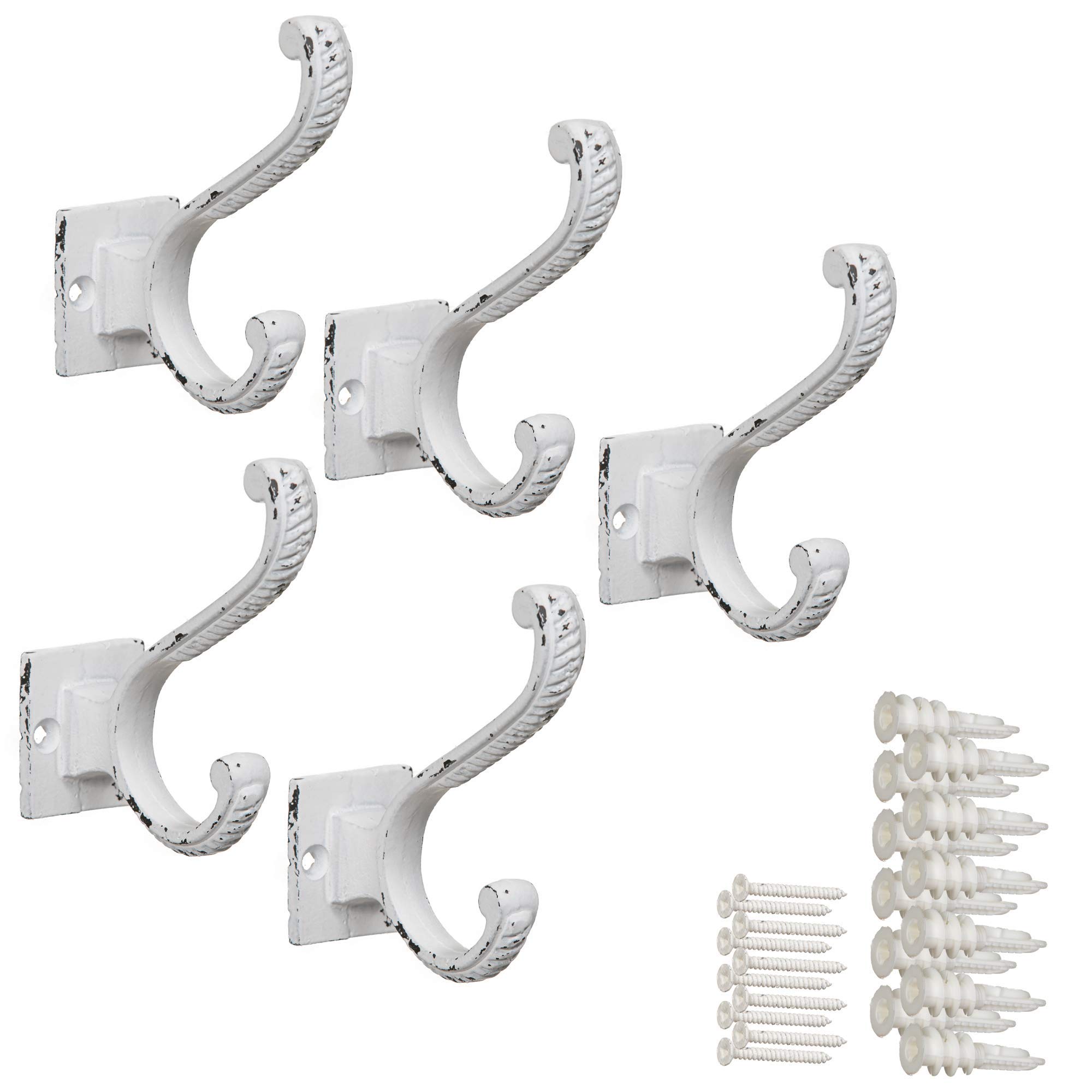 Antique White Cast Iron Wall Hooks - Rustic Farmhouse Coat, Towel, Hat, Scarf & Bag Hooks - 5 Pack DIY Home Decor for Entryway, Bathroom, Bedroom & Mudroom Organization