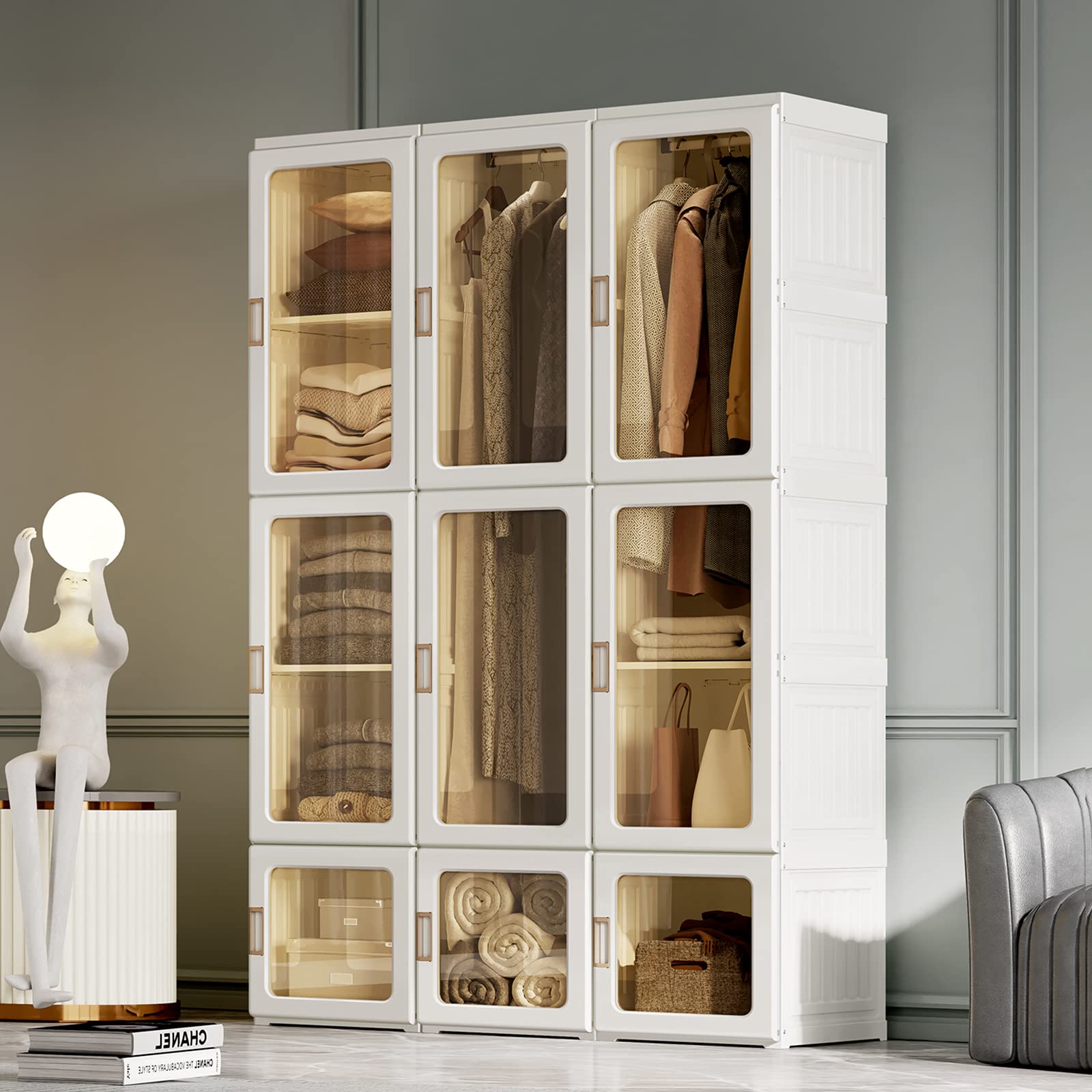 Portable Closet Organizer with Magnetic Transparent Door - 8 Storage Cubes & 2 Hanging Rods for Clothes, Easy Assembly Wardrobe for Bedroom, Living Room | Space-Saving Clothes Storage Solution for Apartments, Dorms & Small Spaces