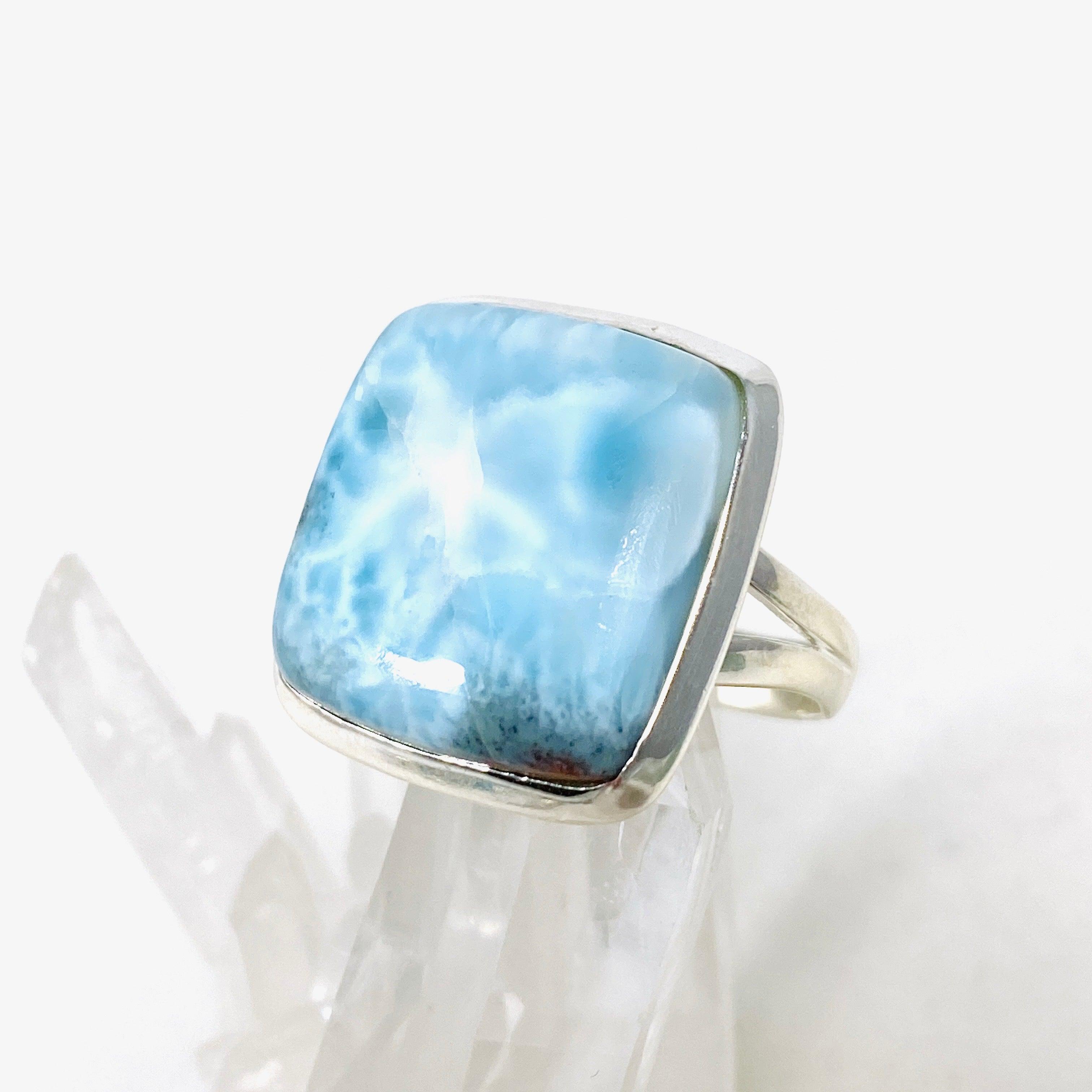 Larimar Square Ring Size 10 - Genuine Blue Stone Silver Jewelry for Women - Perfect for Beach Vacation, Boho Fashion & Gift Giving