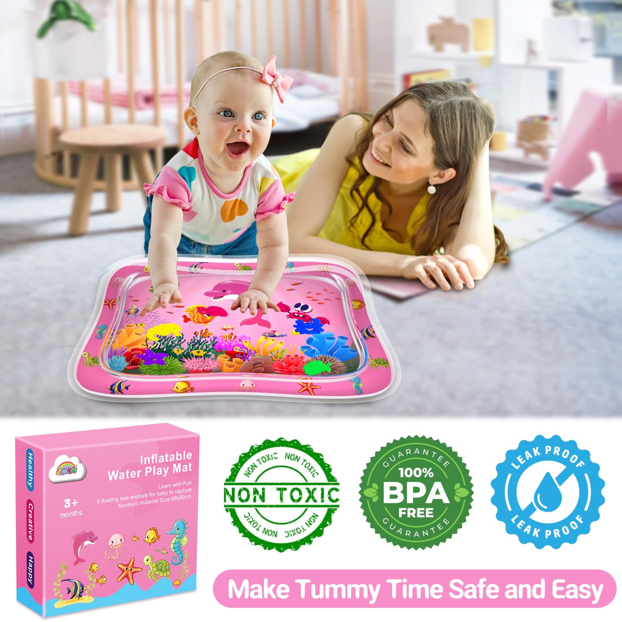ZMLM Inflatable Baby Tummy Time Water Play Mat - Sensory Activity Toy for Newborns & Infants 3-12 Months | Pink Developmental Toy for Boys & Girls | Perfect for Easter Gifts, Baby Showers & Early Learning Playtime